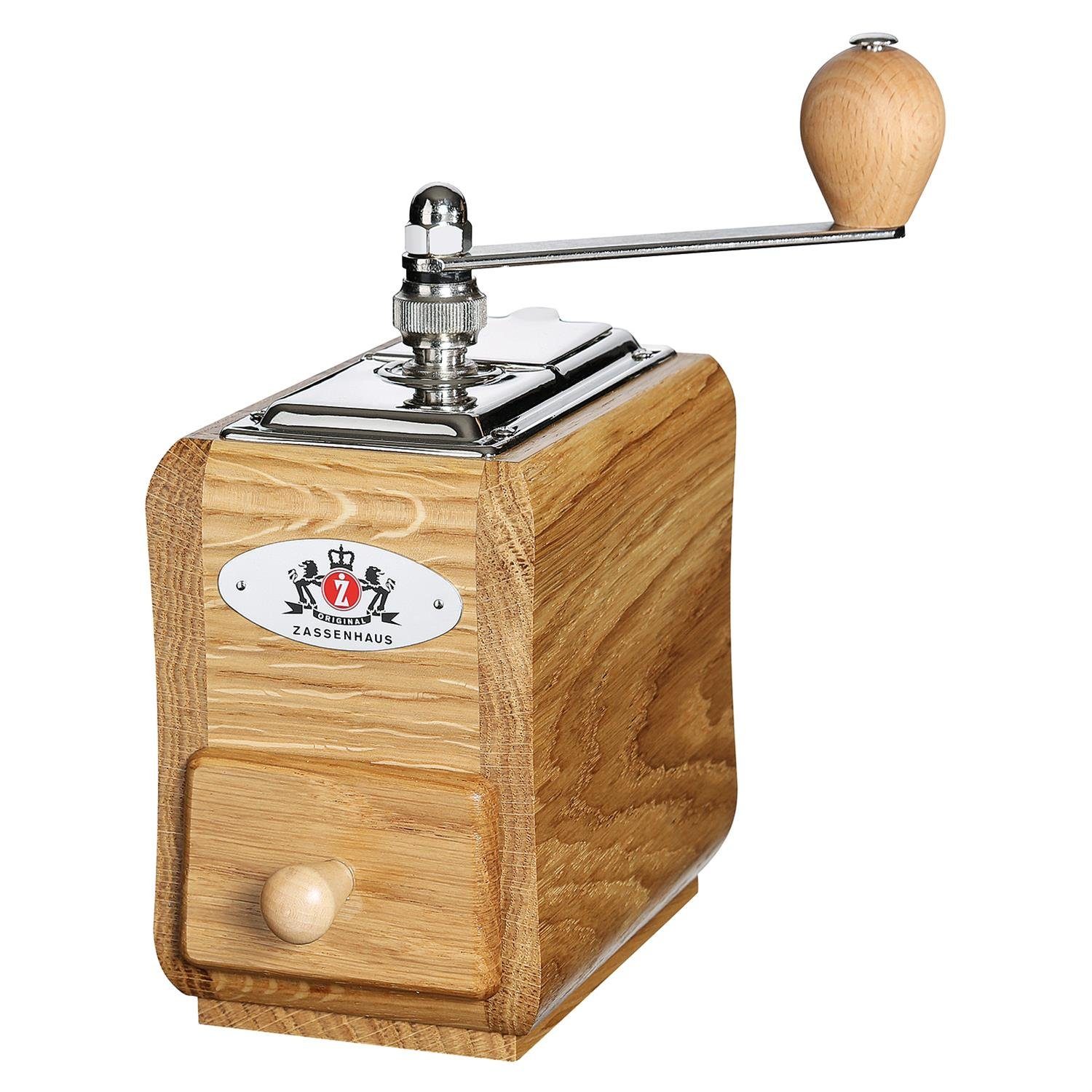 ZASSENHAUS Kaffeemühle Santiago Eichenholz - Handmühle Handkaffeemühle, Kegelmahlwerk, 30 g Bohnenbehälter, Manuell, Mahlgrad stufenlos einstellbar