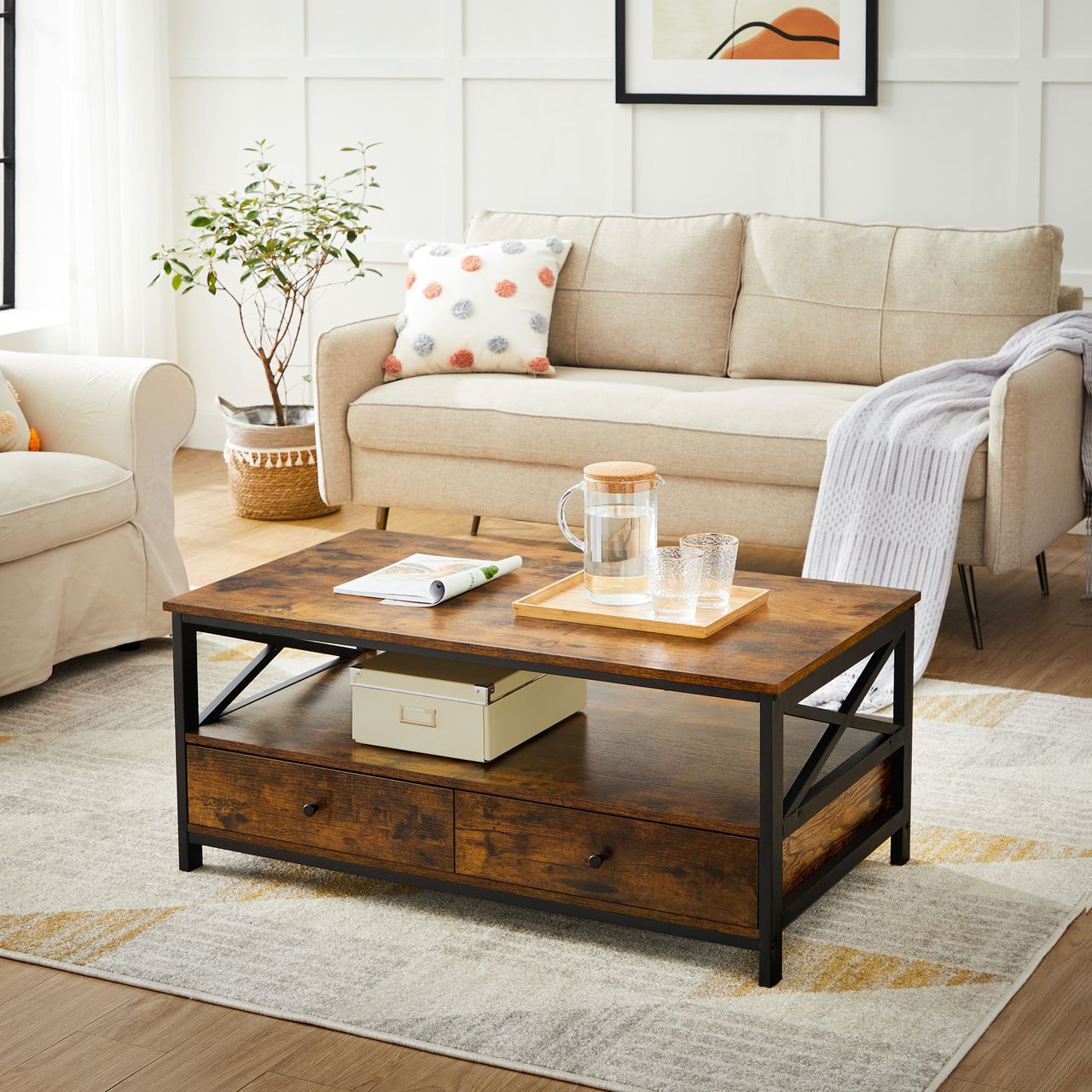 Vasagle Couchtisch, 100x55x47cm, Rustikales Braun