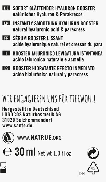 Sante Sofort Glättender Hyaluron Booster Natürliches Hyaluron & Parakresse Gesichtsserum