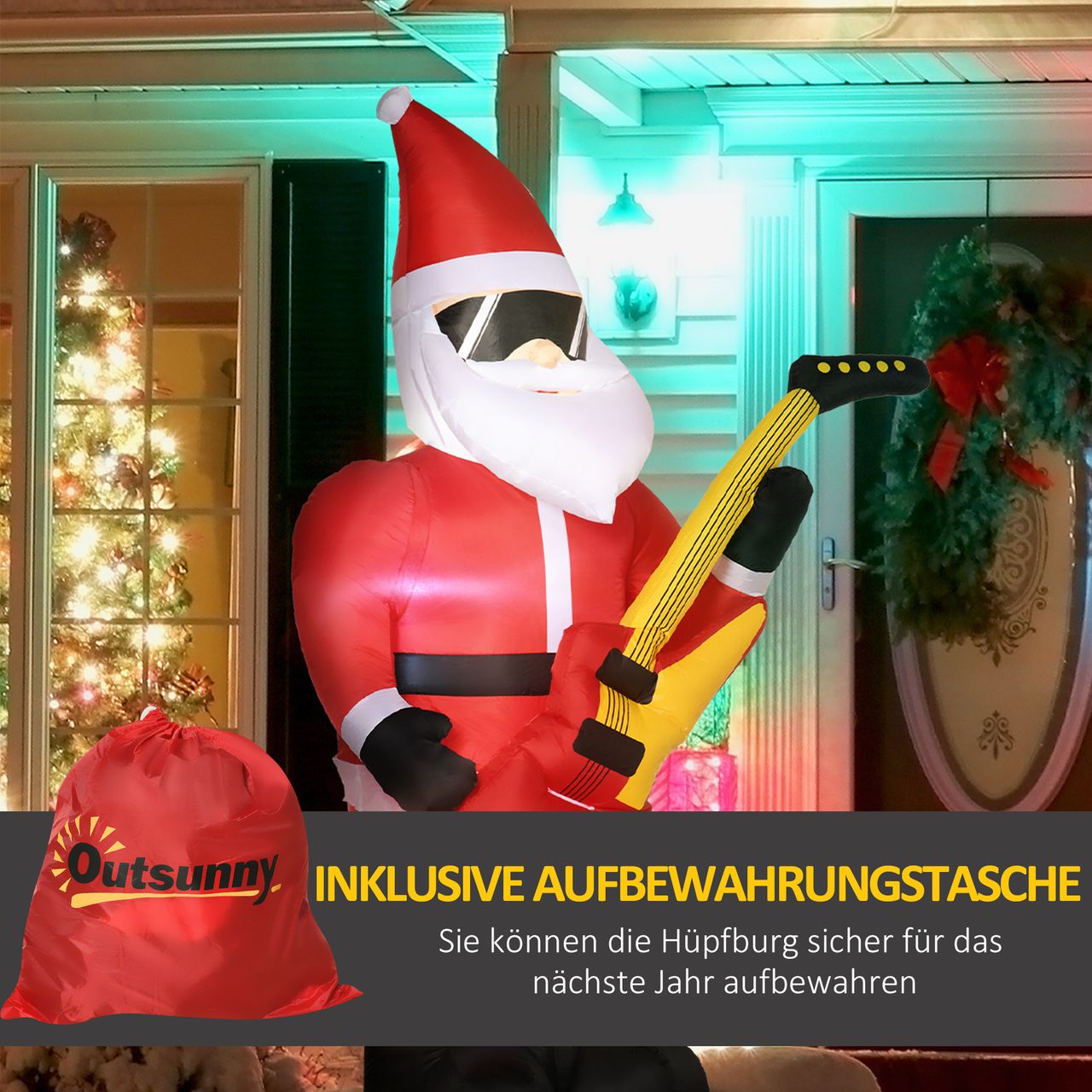 Outsunny 215 cm Aufblasbarer Weihnachtsmann mit E-Gitarre mit LED Wasserdicht