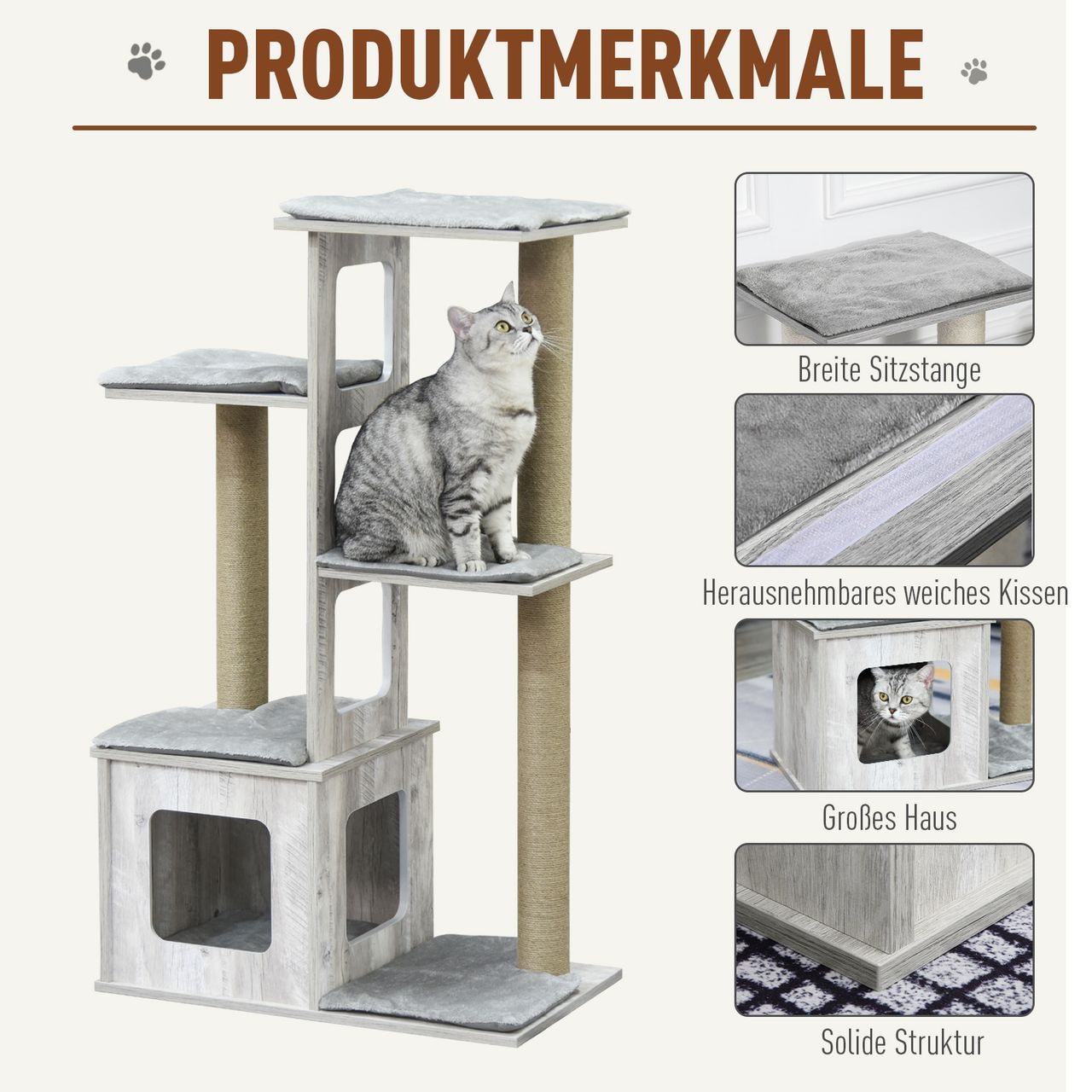 PawHut Katzenbaum Kratzbaum Aktivitätszentrum Klettergerüst Plüsch Grau