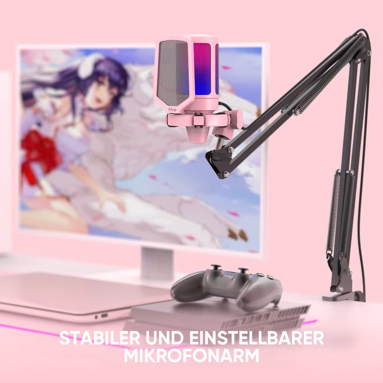 FIFINE Mikrofon USB Mikrofon Streaming mit Arm Kondensator Mikrofon Set PC Gaming RGB, Stummschalttaste, Popfilter und Stoßdämpferhalterung, Pink