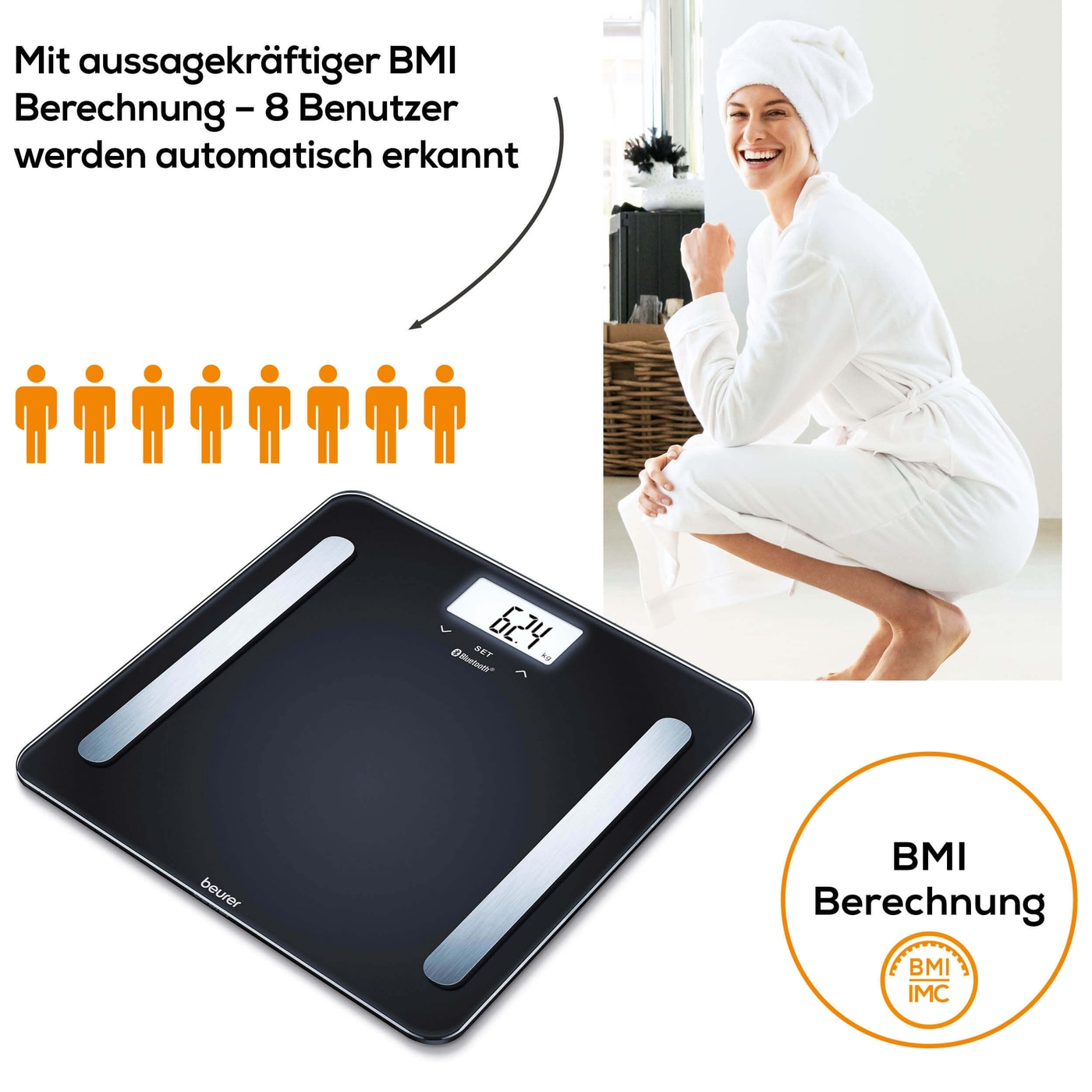 Beurer Diagnosewaage - BF 600 Pure White-Analysewaage mit BMI Ganzkörperanalyse & App-Anbindung - bis 180 kg