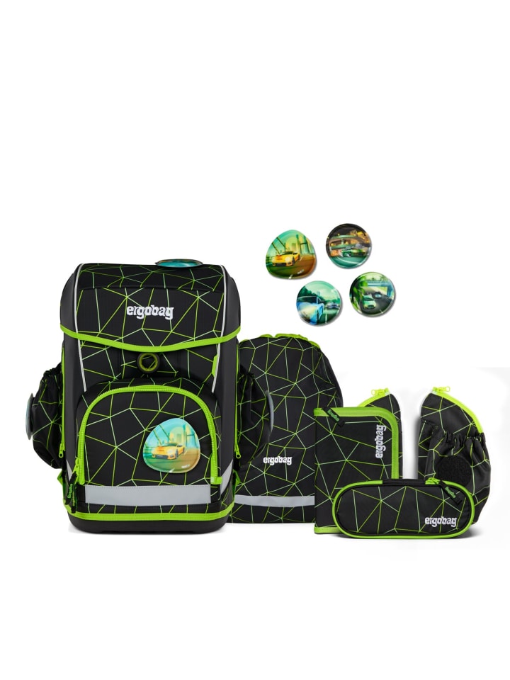 Ergobag Grundschulranzen-Set CUBO LIGHT CyBär Race 6-tlg. in Schwarz/Grün günstig kaufen onesize