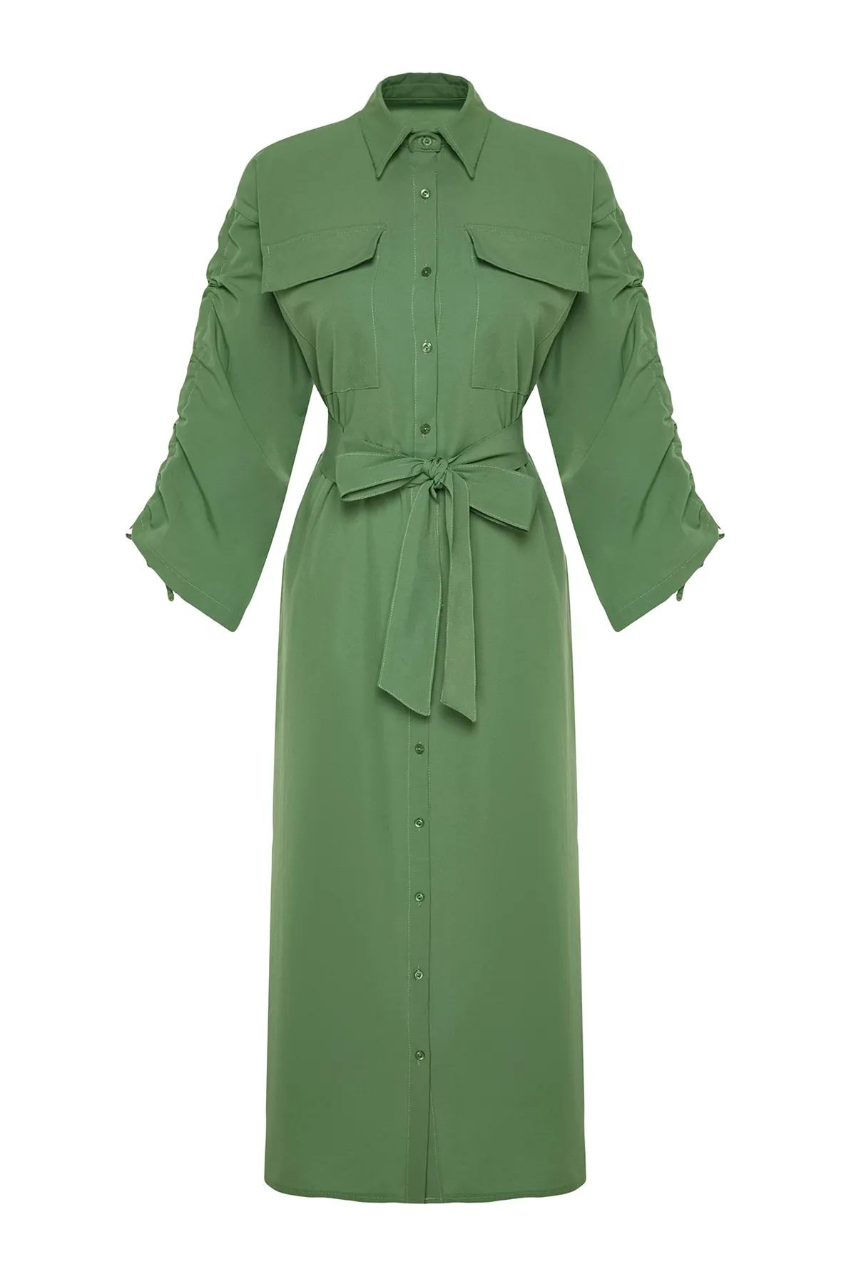 Trendyol Modest  Khakifarbenes, verstellbares, detailliertes Hemdkleid aus Baumwollgewebe mit Gürtelärmeln TCTSS23EB00365