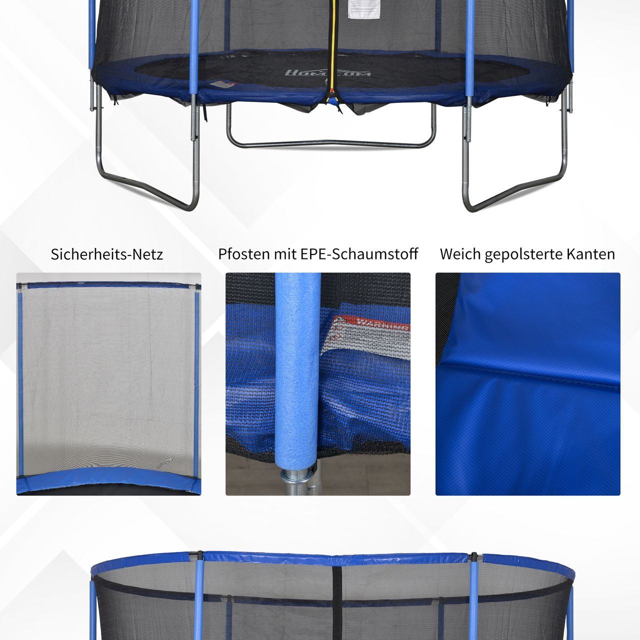 HOMCOM Trampolin mit Sicherheitsnetz Gartentrampolin für Innen- und Außenbereich Blau Schwarz bis 113,6 kg Ø305 x 248H cm