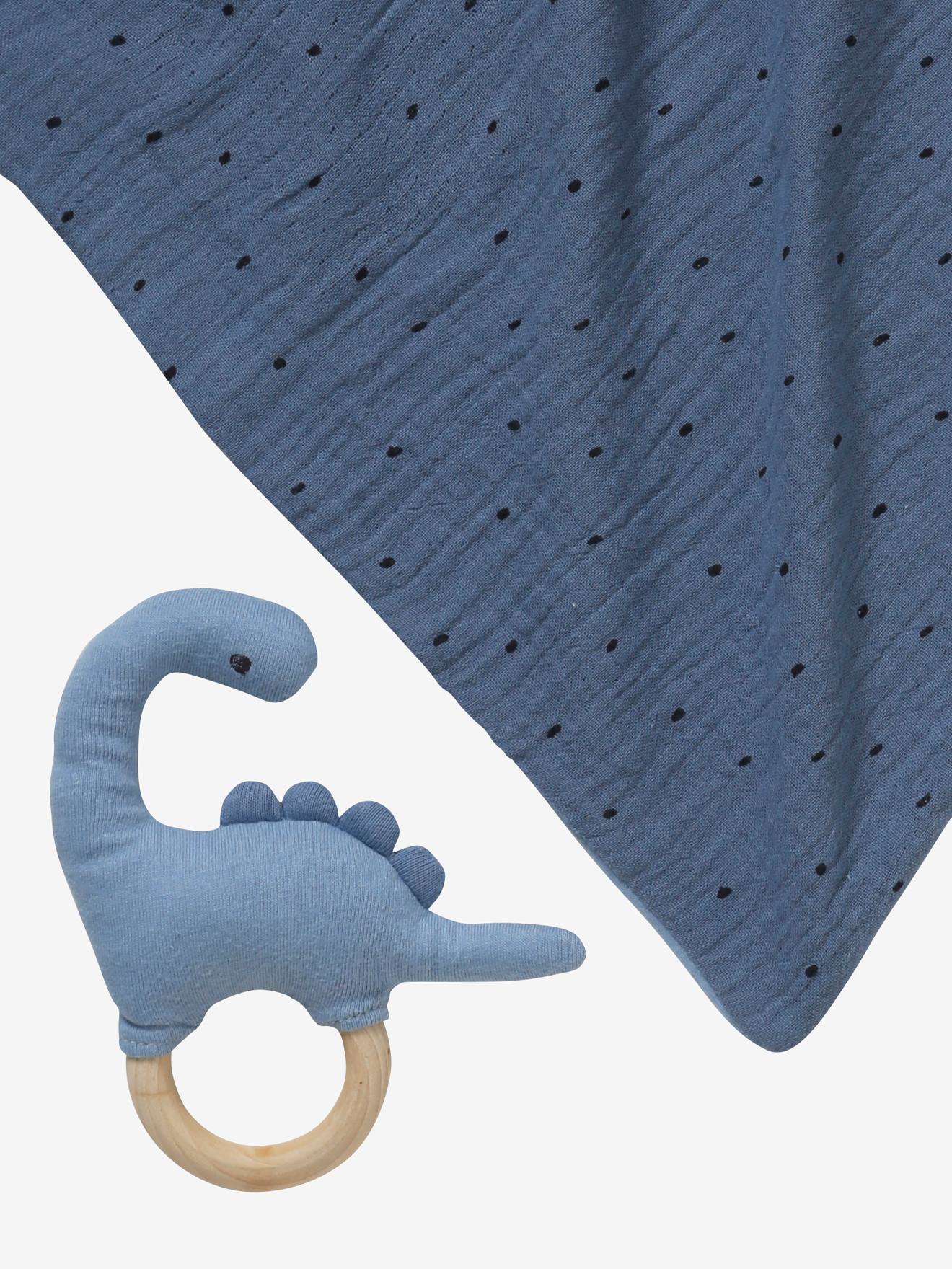 Vertbaudet Baby Geschenk-Set: Schmusetuch und Greifling KLEINER DINO - blau
