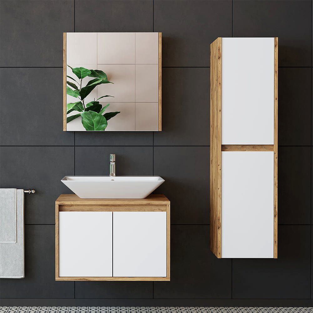 Roomart Badmöbel-Set, (Badmöbel Set 65cm Unterschrank Waschbecken Spiegelscrank Hochschrank)