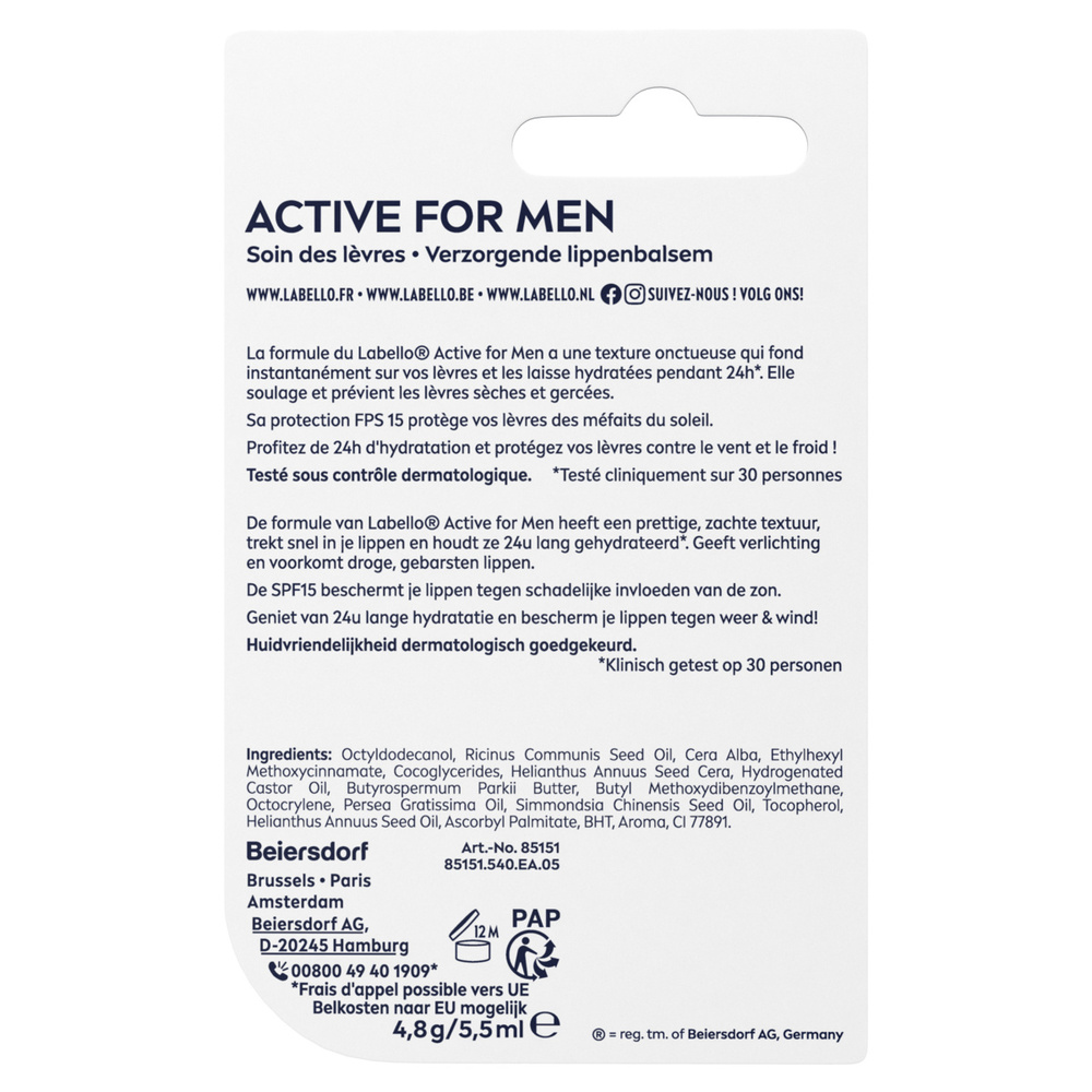 labello Stick soin des lèvres Active for Men 5,5ml Soin des lèvres