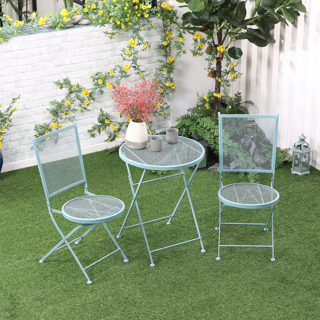 Outsunny Garten Sitzgruppe 3-teiliges Bistro-Set Garnitur 1 Tisch 2 faltbare Stühle für Terrasse Balkon Metall Blau
