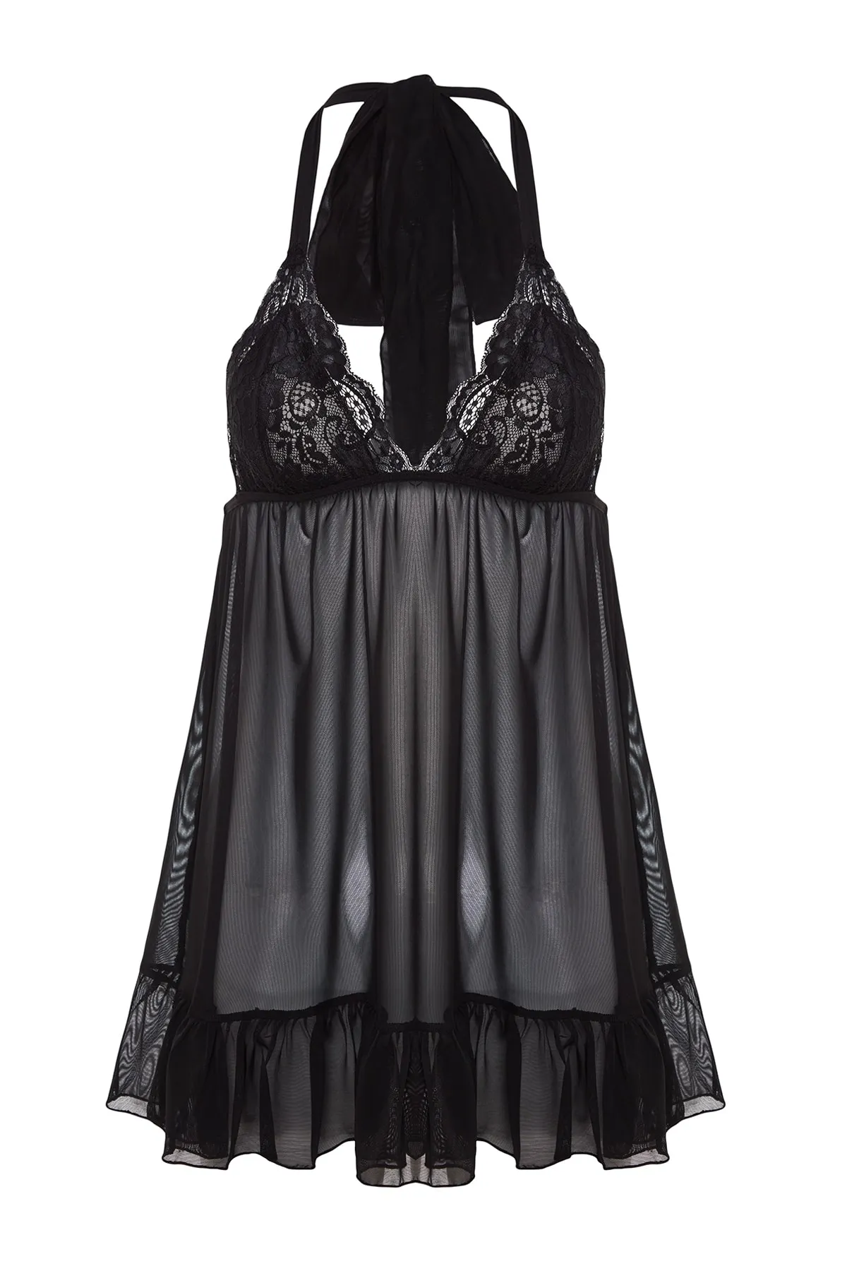 Trendyol Collection  Schwarze Strumpfhose mit Tüllträgern und Spitze, Babydoll aus Strick THMSS23LL00004