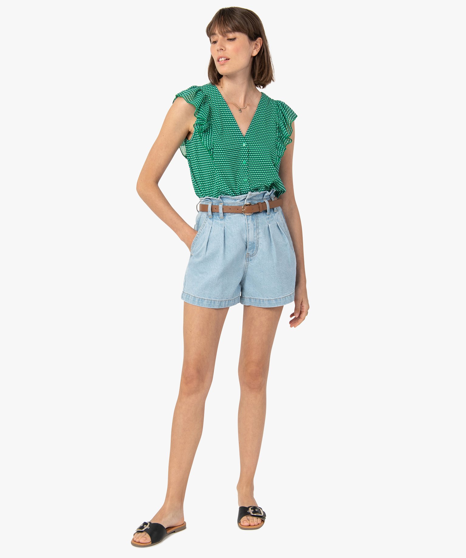 Tee-shirt femme à manches courtes avec volants sur les épa... imprime | GEMO