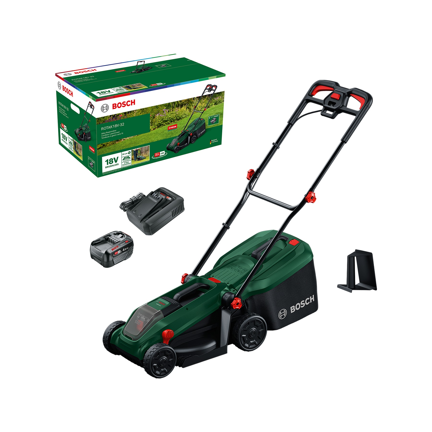 Bosch Green 06008B9P00 Rotak 18V-32 Akku-Rasenmäher, 1x 18V 4,0Ah Akku, AL18V-44 Ladegerät und Mulchstecker im Lieferumfang enthalten
