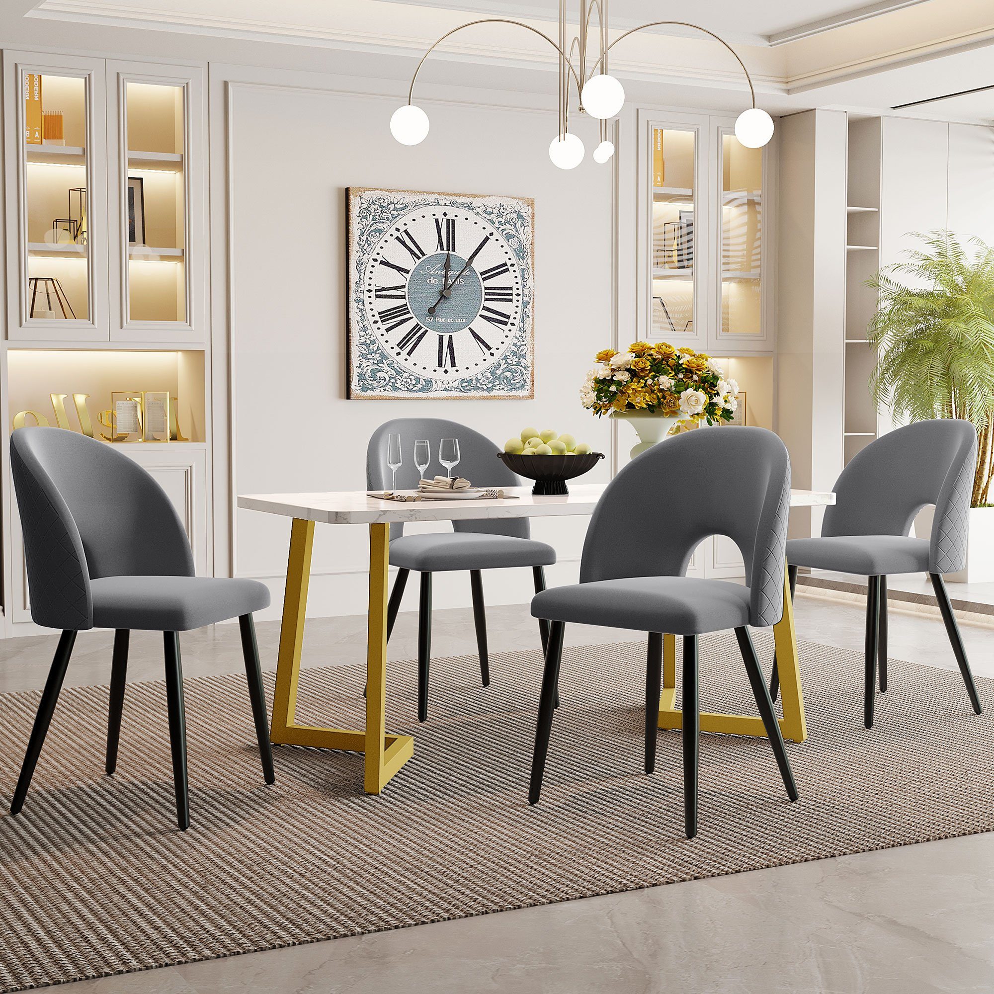 Celya Essgruppe Esstisch mit 4 Stühlen,Verstellbare Stuhlbeine, (Set, Tisch mit 4 Stuhlen), Samt Esszimmerstuhl Mit Diamantmuster,Golden Tischbeine