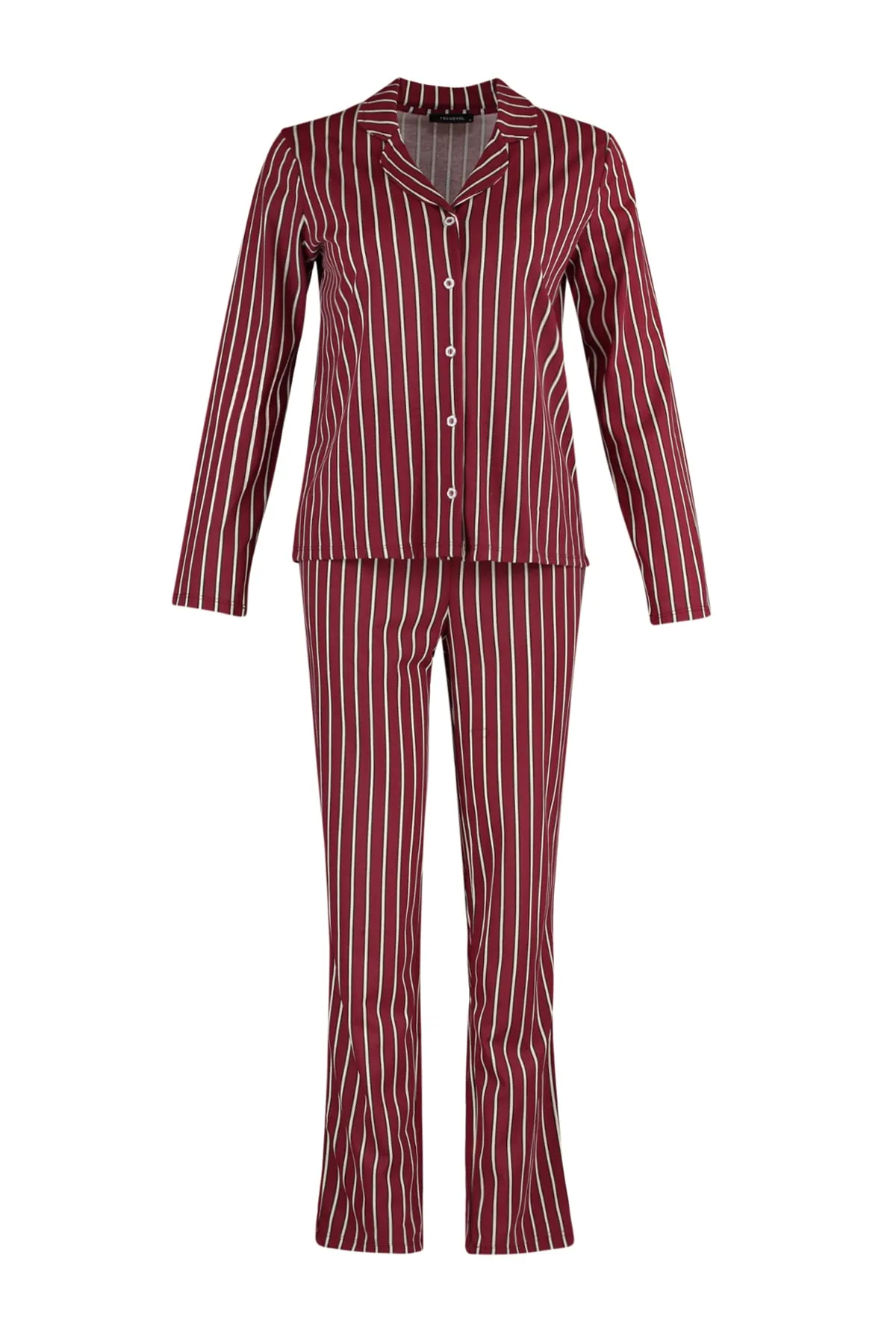 Trendyol Collection  Zimtfarbenes Pyjama-Set aus gestreiftem Strick, 100 % Baumwolle THMAW23PT00150
