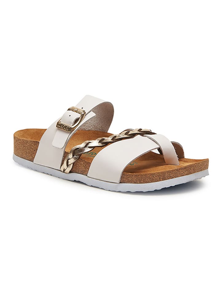 Comfortfusse Leder-Zehentrenner in Gold/ Weiß günstig kaufen