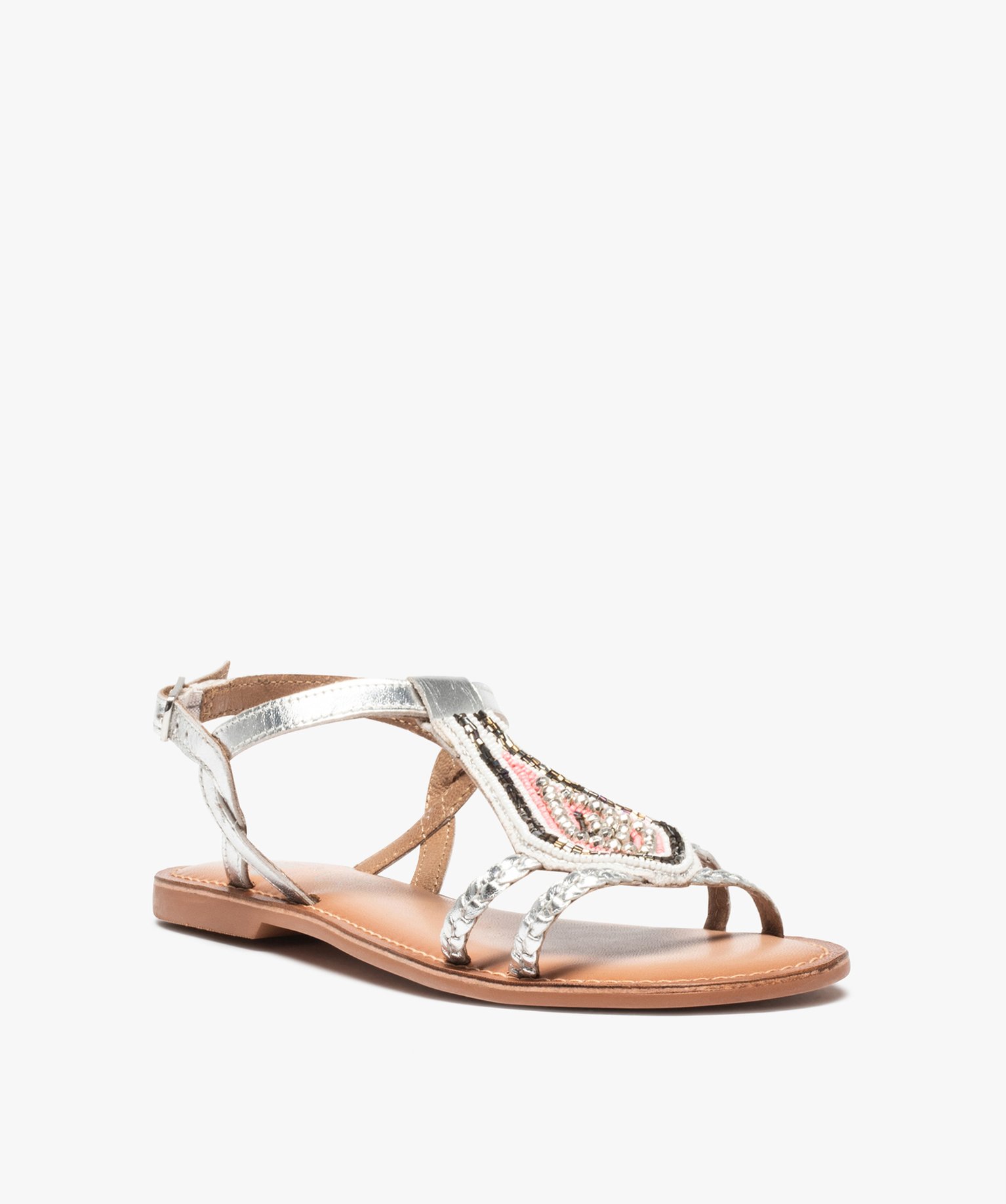 Sandales femme plates ornées de perles et intérieur cuir argent | GEMO