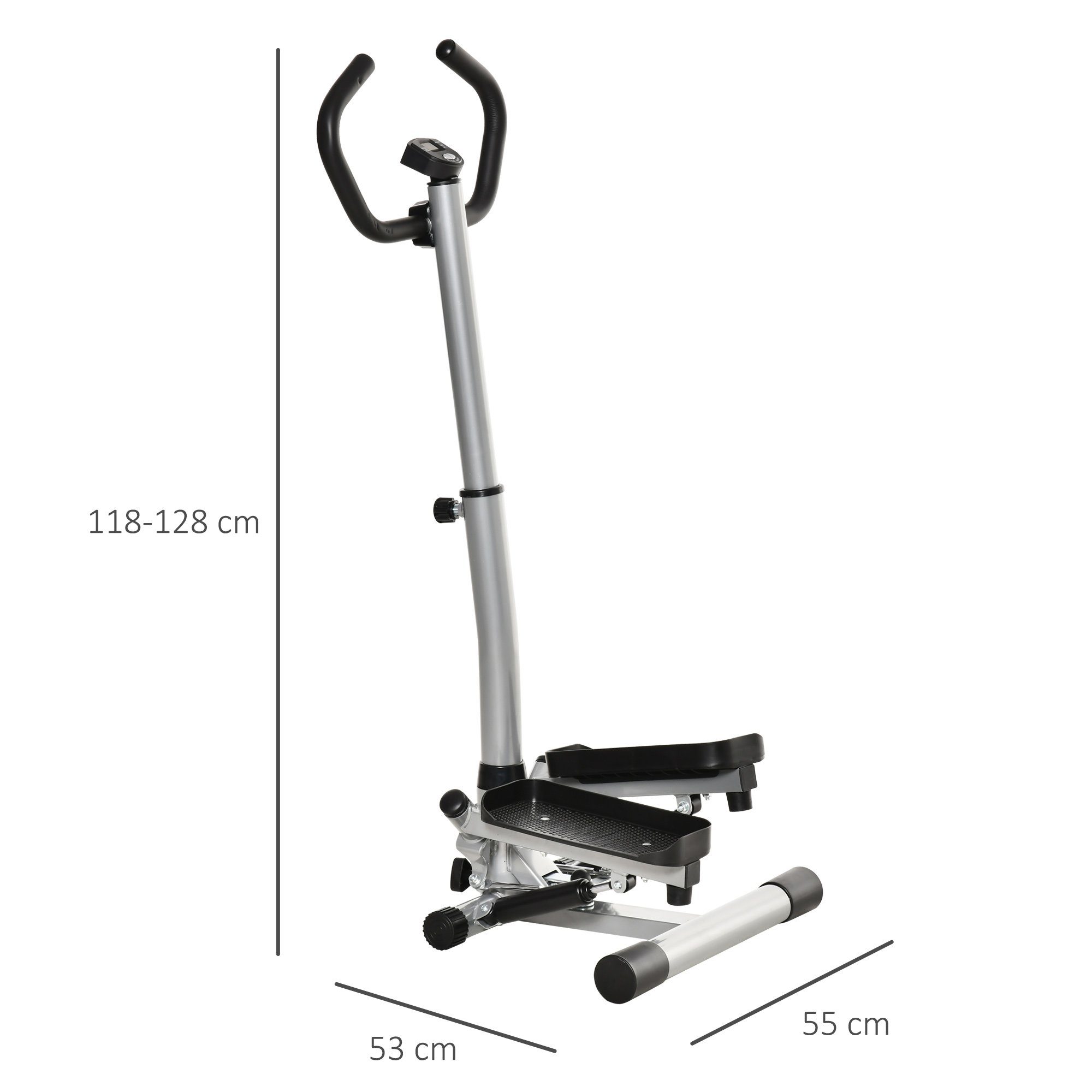 HOMCOM Stepper mit Handgriff Heimtrainer Fitnessgerät Metall ABS Schwarz+Silber (Set, 1-tlg., mit LCD-Bildschirm einstellbare Geschwindigkeit), 55L x 53B x 118-128H cm