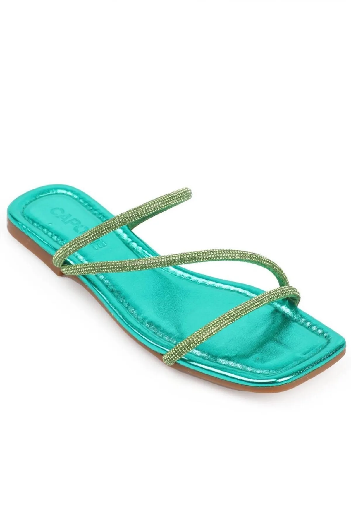 Capone Outfitters  Capone Stoned 3-Striped Flat Heel Quilted Green Damenhausschuhe