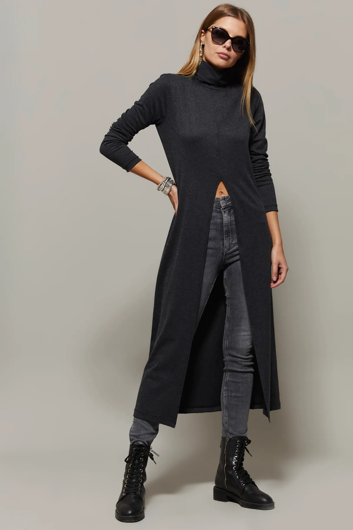 Cool & Sexy  Anthrazitfarbene Rollkragen-Tunika mit langem Schlitz für Damen EY1150