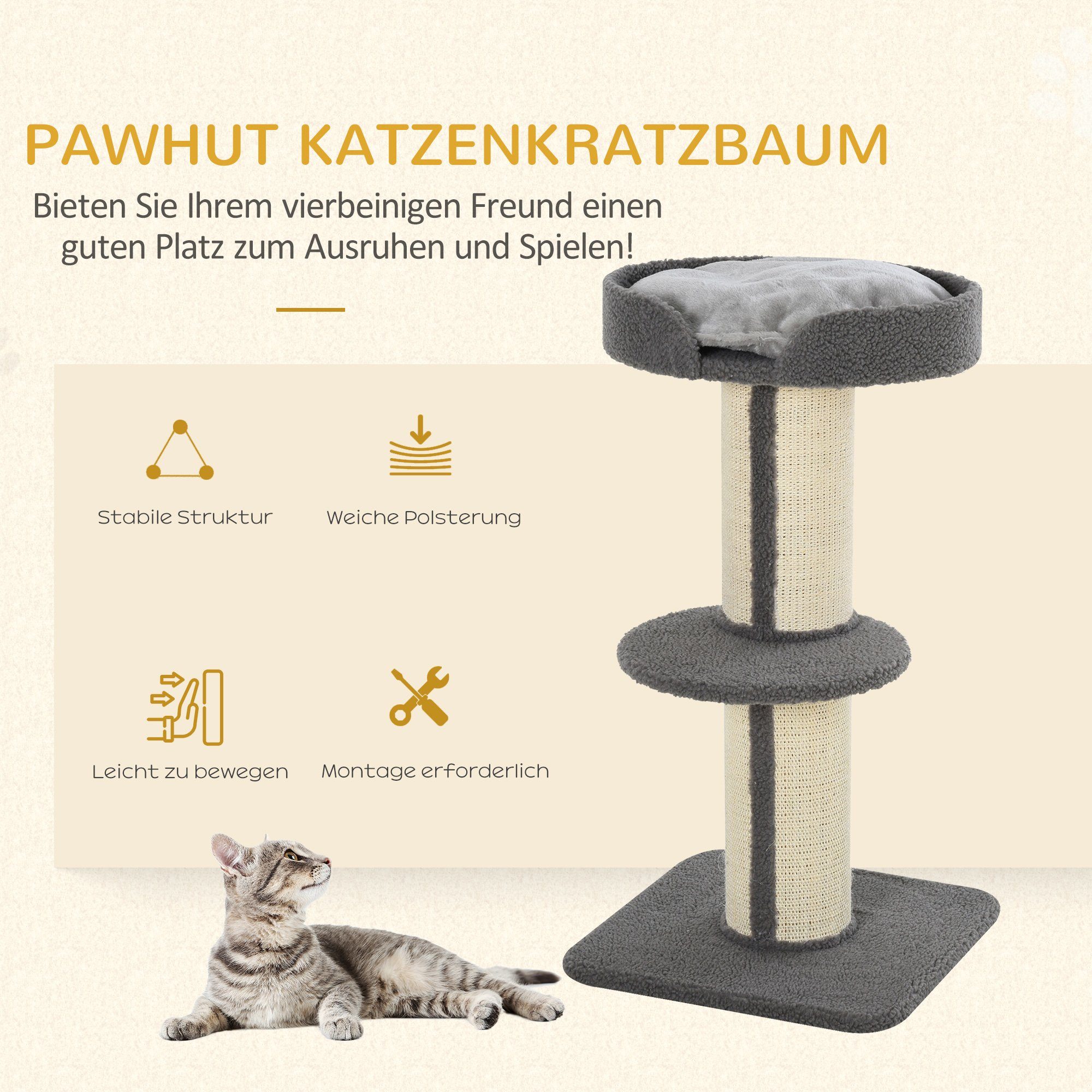 PawHut Kratzbaum Katzenbaum Spielbaum Kratzstamm mit Plattform, Sisal, Plüsch, Grau, 45L x 45B x 91H cm