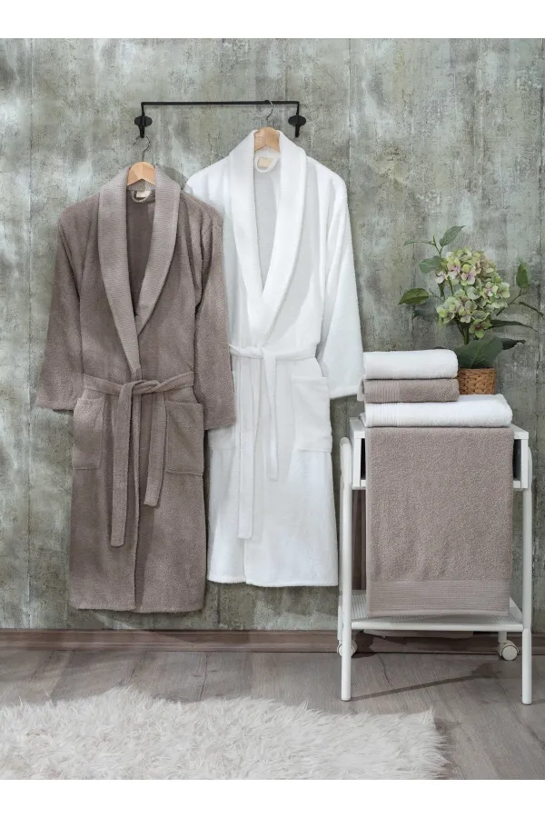 Güvenal  Esinti 12-teiliges Familien-Bademantel-Set aus natürlich gemusterter Baumwolle mit Box | Bademantel | Bademantel-Set | Mitgift festgelegt