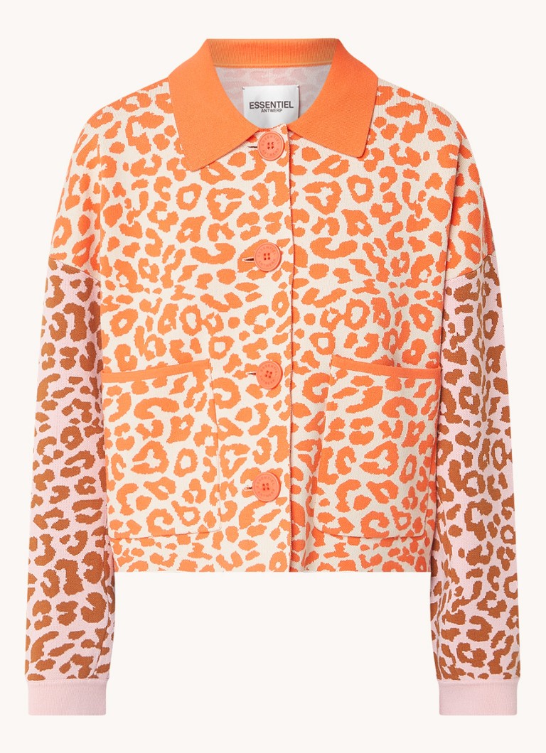 „Essentiel Antwerp Farmhouse“ smulkiai megztas kardiganas su leopardo raštu ir uždėtinėmis kišenėmis