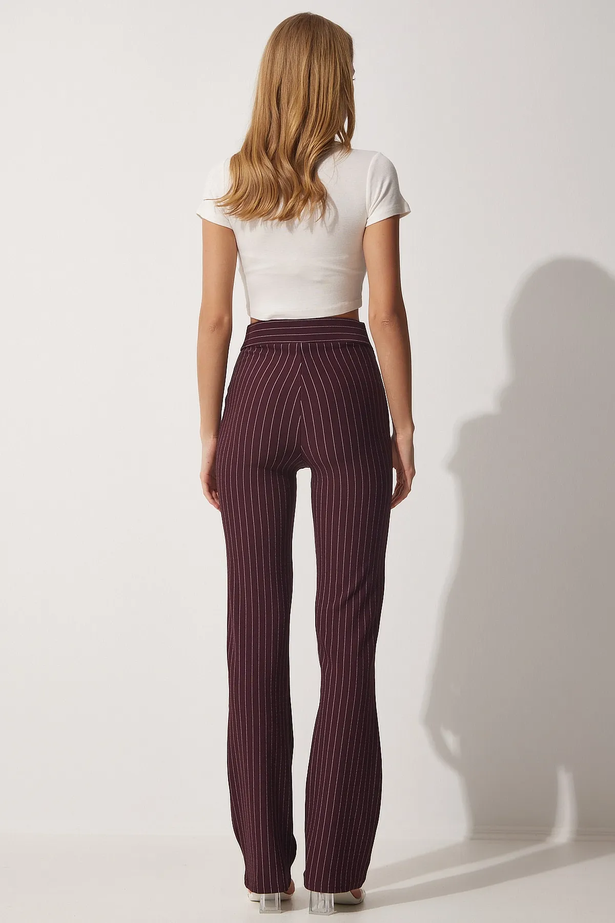 Happiness İstanbul  Burgunderrote gestreifte Damenhose mit hoher Taille RV00094