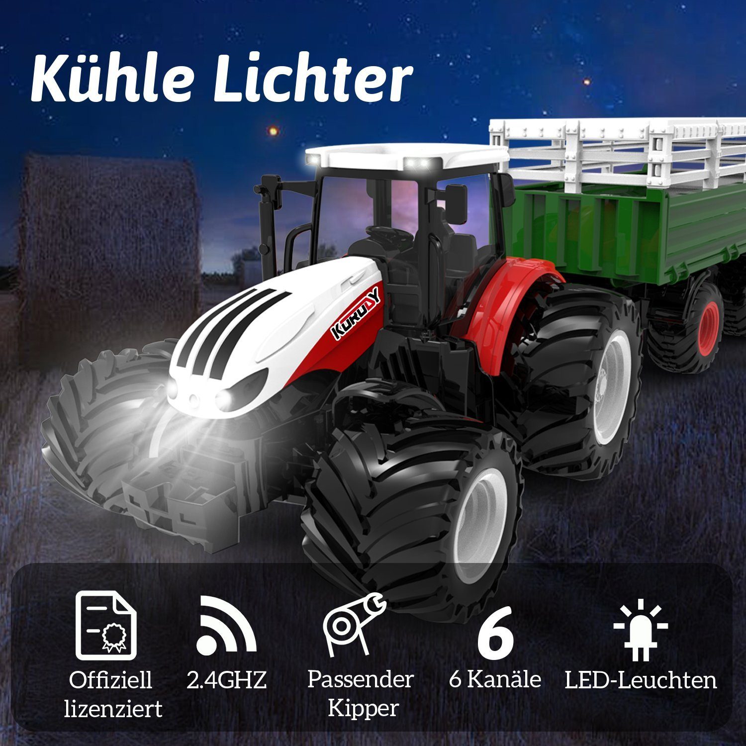 Esun RC-Traktor Ferngesteuerter Traktor mit Anhänger, Traktor Spielzeug ab 3 4 5 Jahre (Komplettset), Traktor Ferngesteuert Ackerschlepper mit Licht und Sound