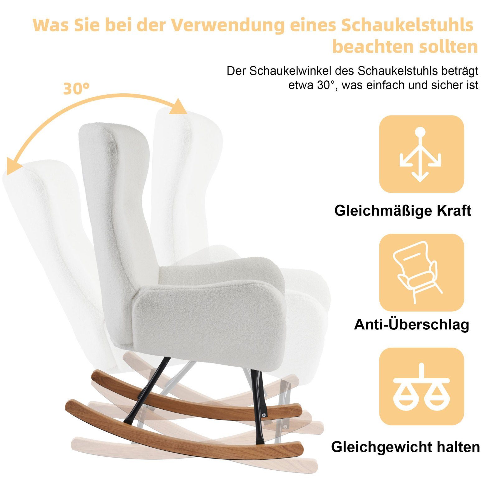 FUROKOY Schaukelstuhl Teddy-Samt-Einzelsofastuhl mit hoher Rückenlehne,Freizeitschaukelstuhl, Schaukelsessel 68x96x90cm, verstellbare Rückenlehne, Schwarz