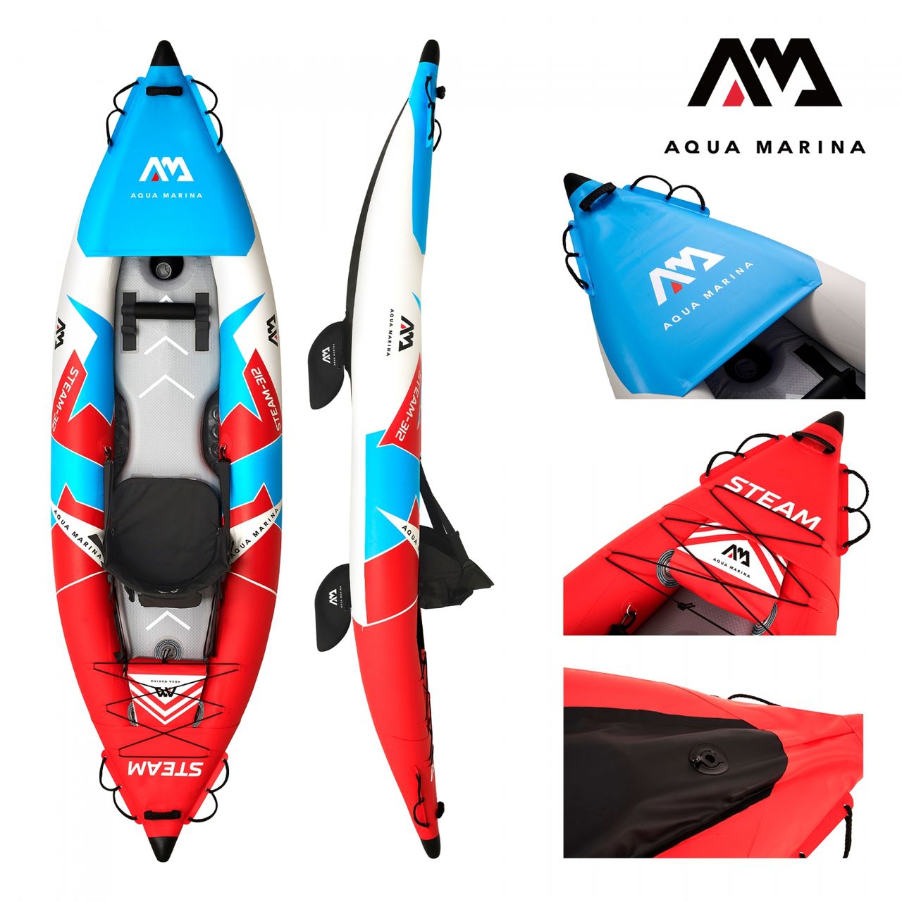 PureHaven Aqua Marina Kajak 312x83 cm für 1 Person mit Luftsitz verstellbarer Lehne Transporttasche Reparaturset und Handpumpe strapazierfähig Blau/Weiß/Rot
