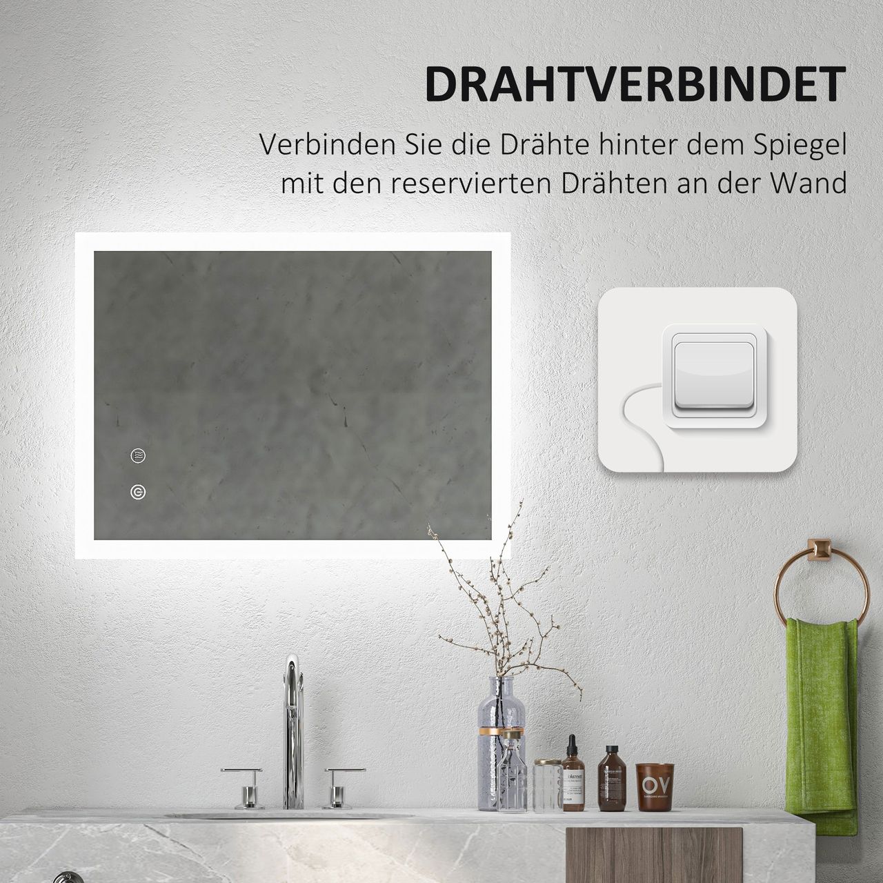 kleankin Badspiegel, Badezimmerspiegel mit LED-Leuchte, Memory-Funktion 80x 60cm