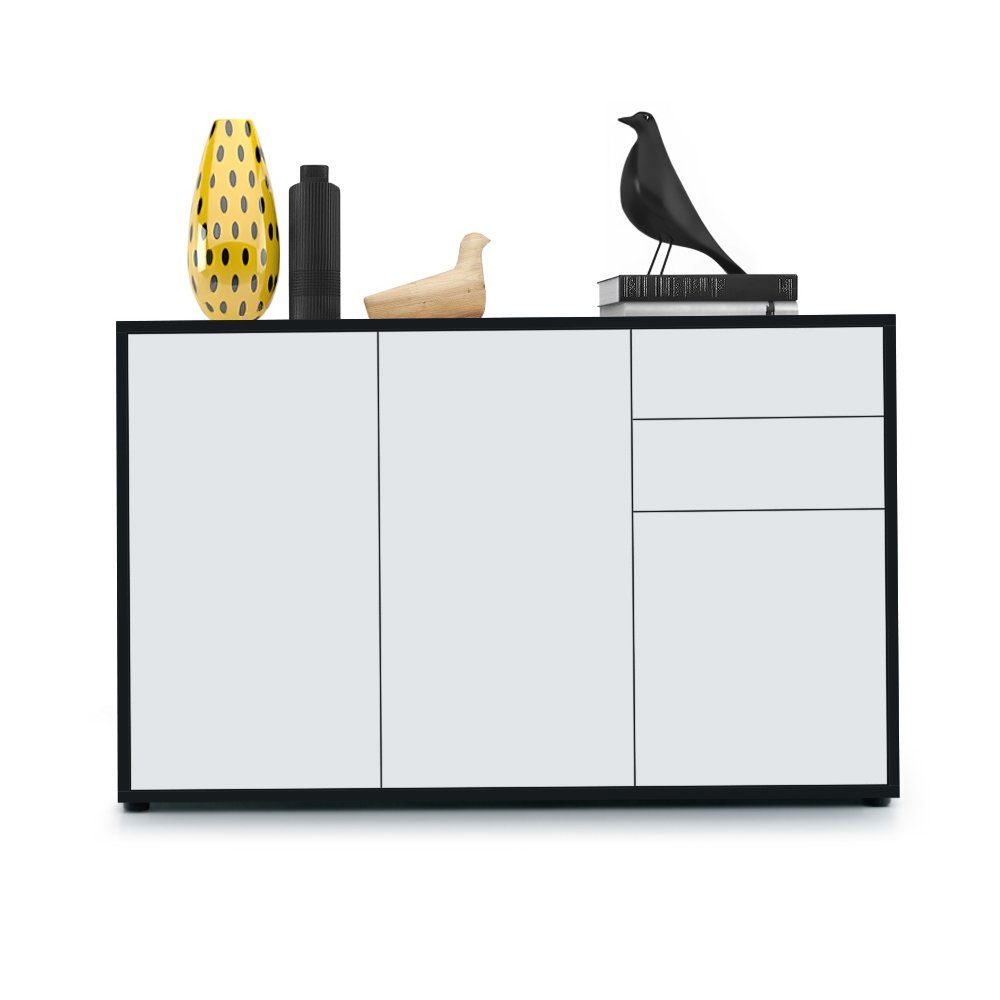 Vladon Kommode Ben (Kommode, mit 3 Türen und 2 Schubladen), Schwarz matt/Weiß matt (117 x 74 x 36 cm)