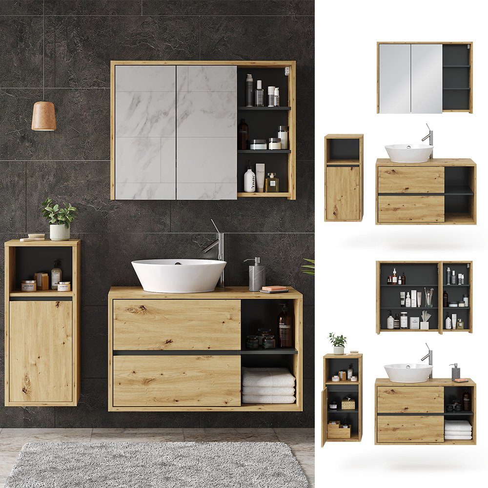 Vicco Badmöbel-Set Badezimmer Set 2 VIOLA Braun Anthrazit, (3-St., 3-er Set)