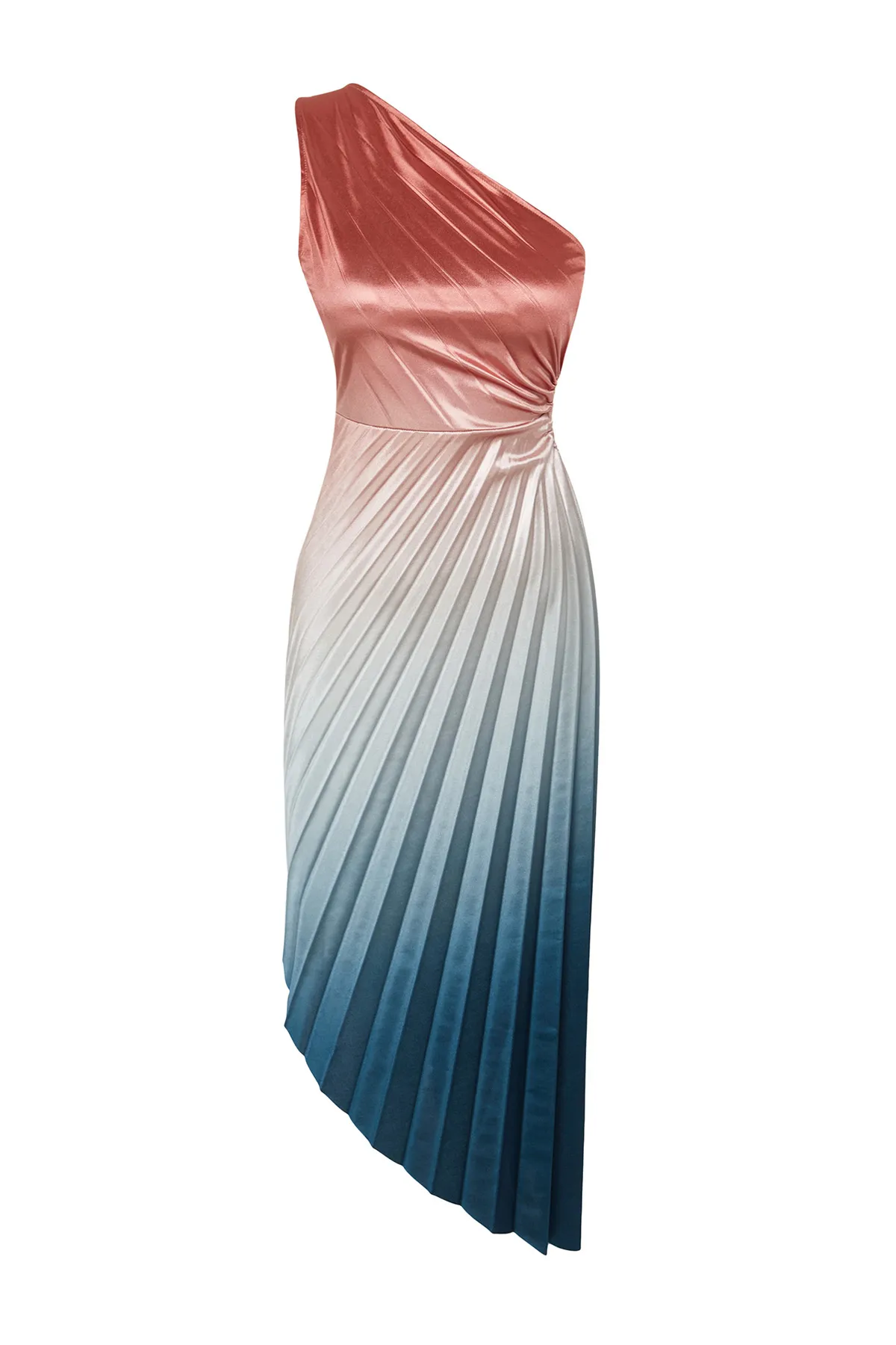 Trendyol Collection  Mehrfarbiges, asymmetrisches, gestricktes, plissiertes Satin-Abendkleid mit Detail TPRSS23EL00557