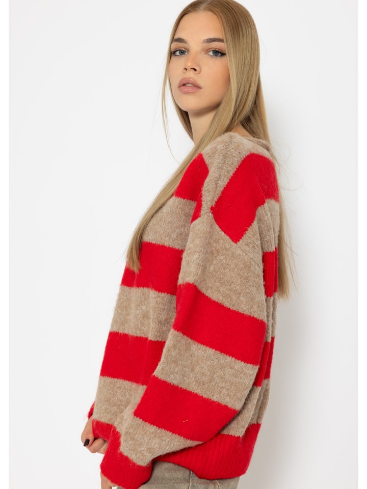SASSYCLASSY Oversize Strick-Pullover in Rot, Beige günstig kaufen