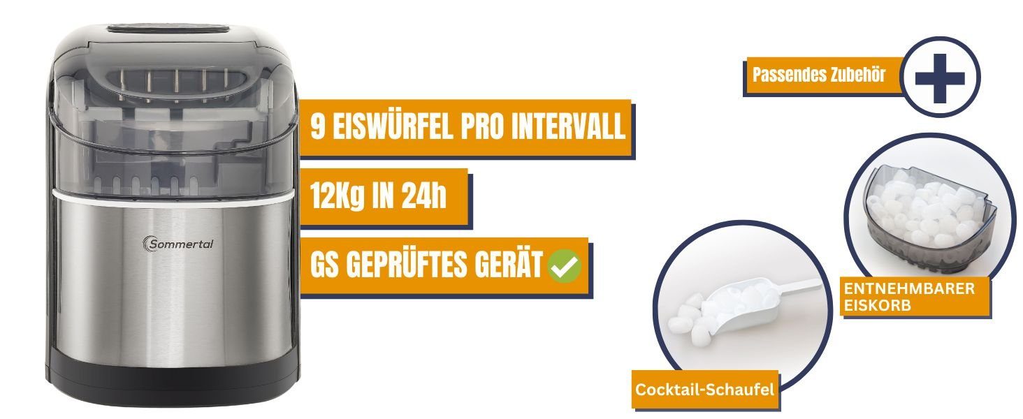 Sommertal Eiswürfelmaschine Sommertal Eiswürfelmaschine EM12C, Ice Maker, schnelle Eisherstellung ab 6 Minuten, 12kg pro Tag