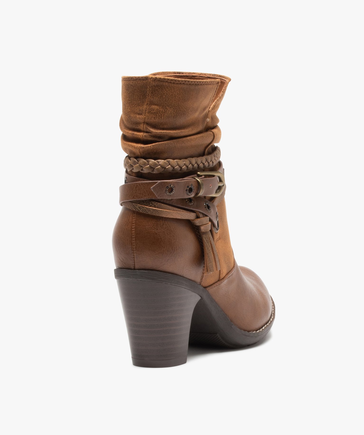Boots femme à talon rainuré et brides fantaisie camel | GEMO