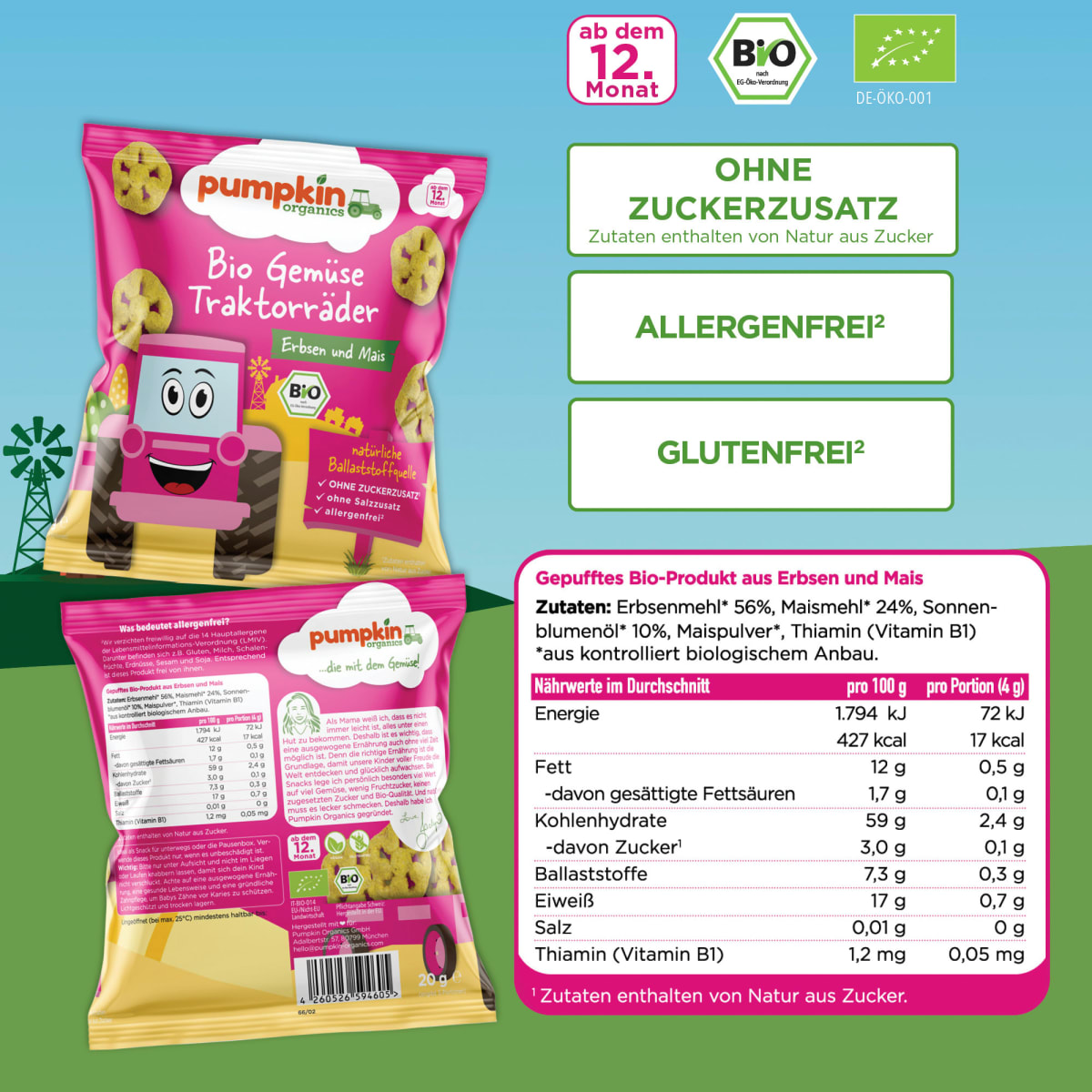 Kindersnack Gemüse Traktorräder Erbsen & Mais, ab 12. Monaten, 20 g