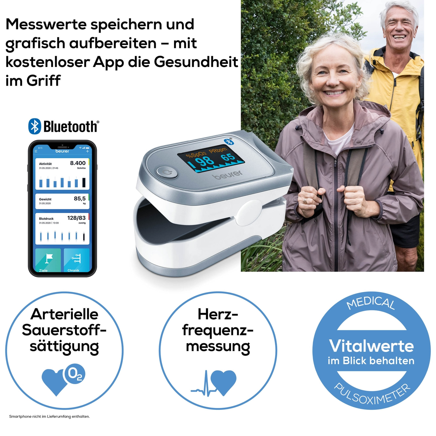 Beurer Pulsoximeter PO 60 <i>Bluetooth</i>®-Pulsoximeter zur Messung der Sauerstoffsättigung & Herzfrequenz mit App-Anbindung