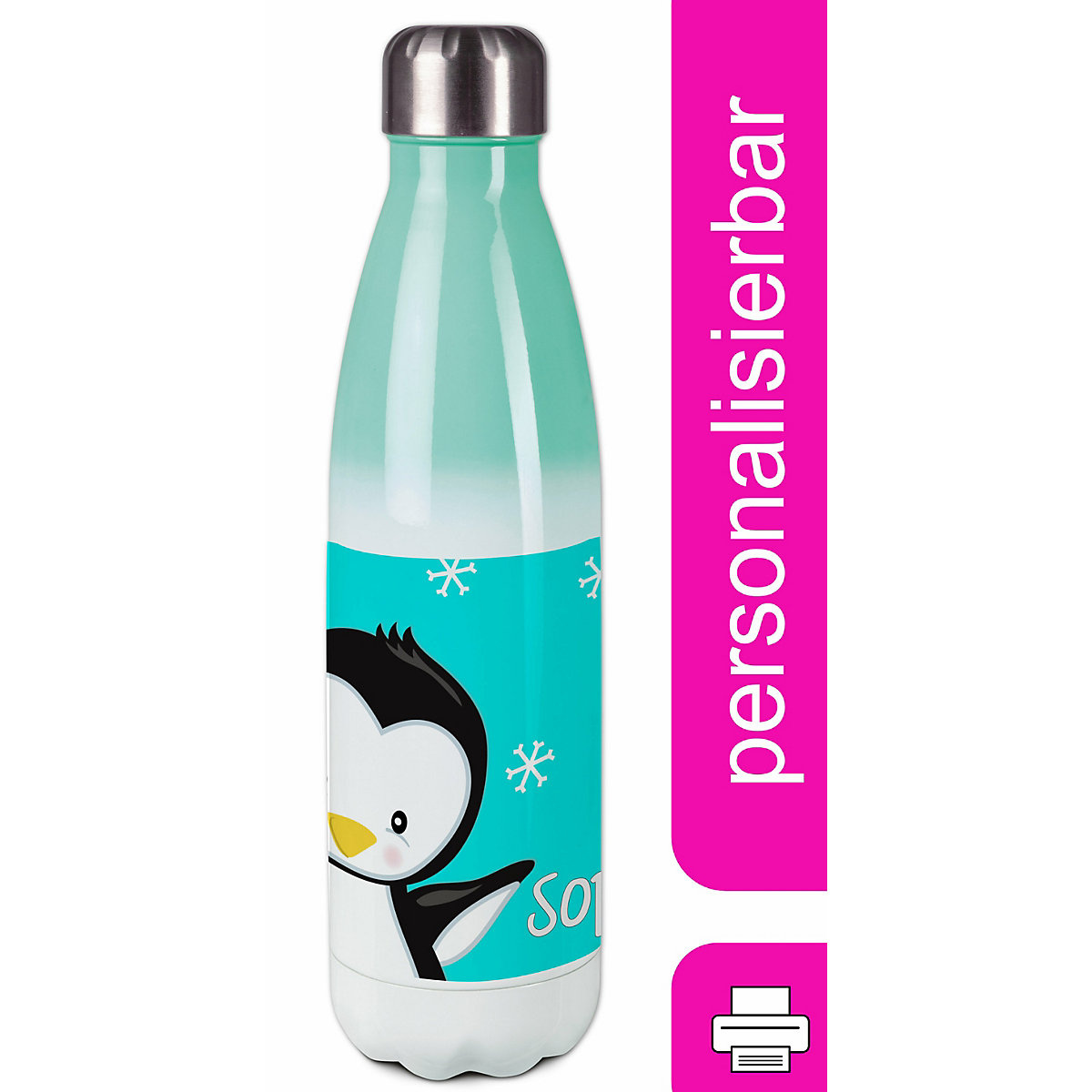 Edelstahl Kinder Thermoflasche / Trinkflasche bunt Pinguin Farbe türkis Spülmaschinenfest, Auslaufsicher, Bruchfest, Doppelwandig, Für Heißgetränke geeignet, Mit Deckel, Isoliert