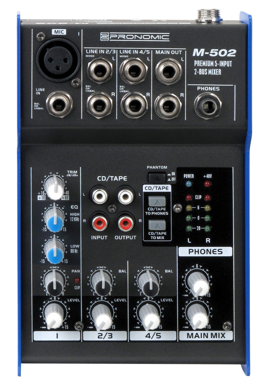 Pronomic Mischpult M-502 Live/Studio 5-Kanal DJ -Mixer, mit 1 Mono-Kanäle XLR/Klinke, 2-Stereo Kanäle, 3-Band-EQ