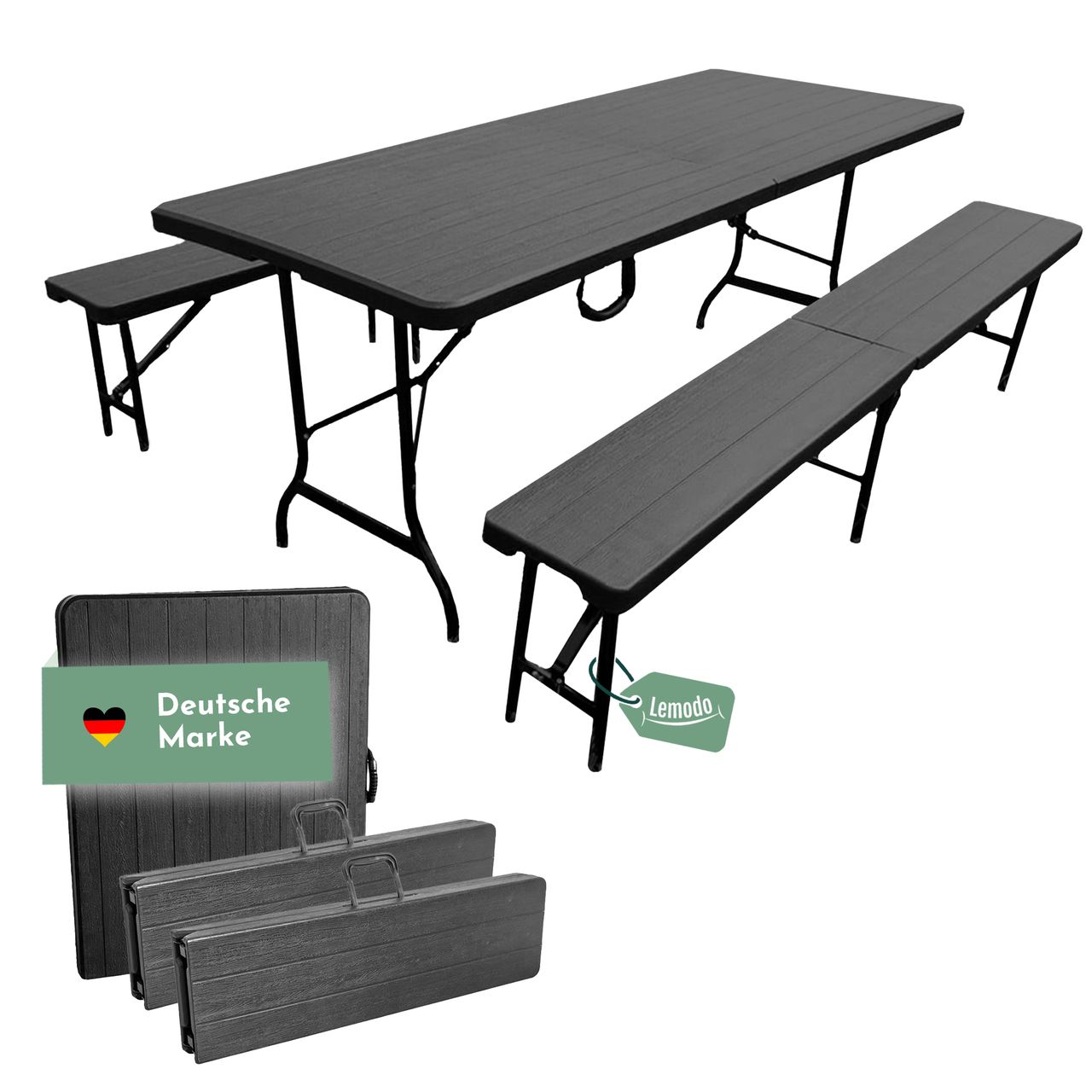 Lemodo Bierzeltgarnitur Set mit 2x Bierbank und 1x Buffettisch, klappbare Biertischgarnitur