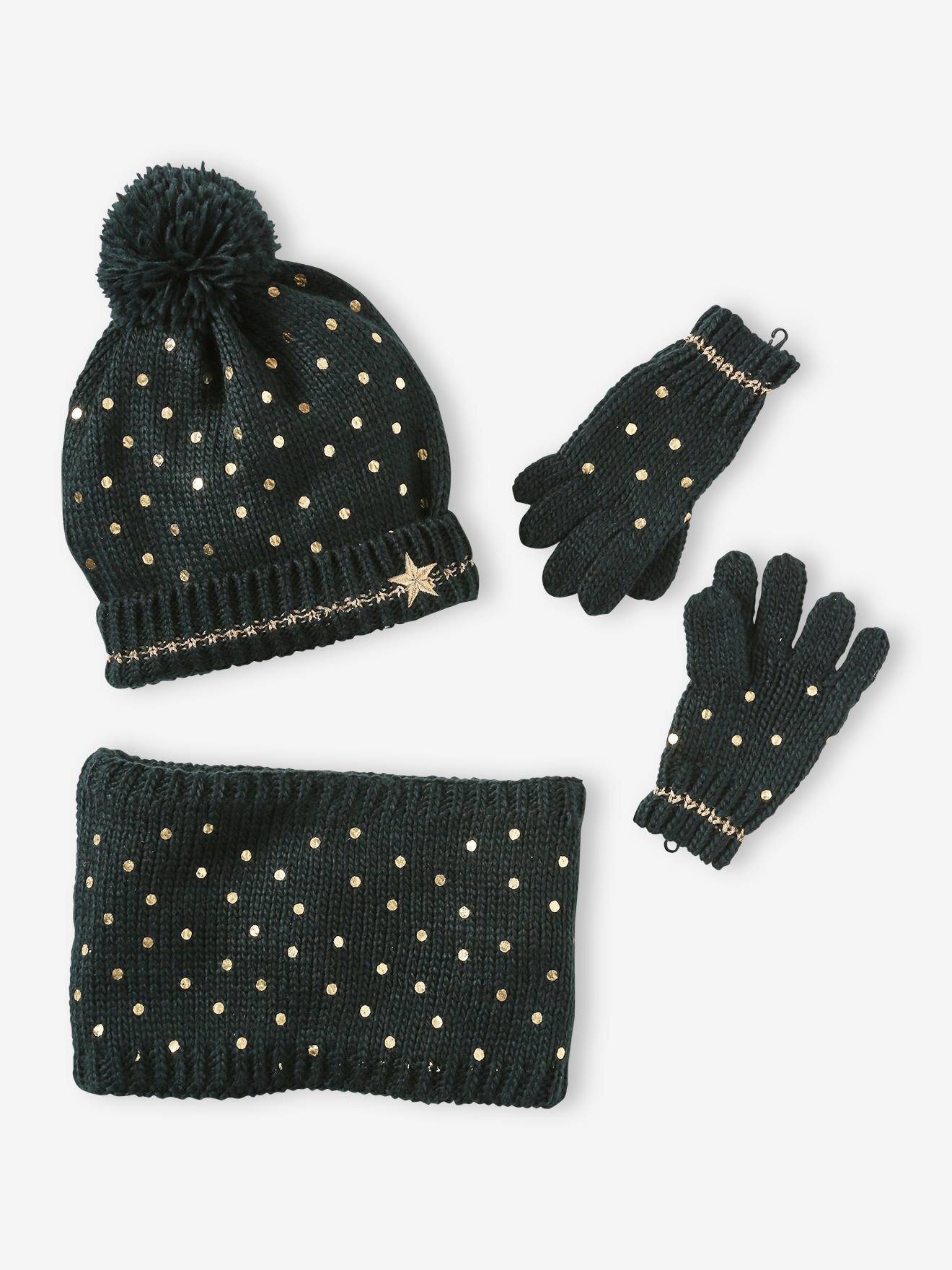 Vertbaudet Mädchen Weihnachts-Geschenkset: Mütze, Rundschal & Fingerhandschuhe - grün