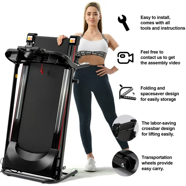 2.5HP Folding Treadmill Portable Running Walking Compact Exercise Machine with 12 Preset Program, LED Display, Bluetooth Music Easy Assembly for Home