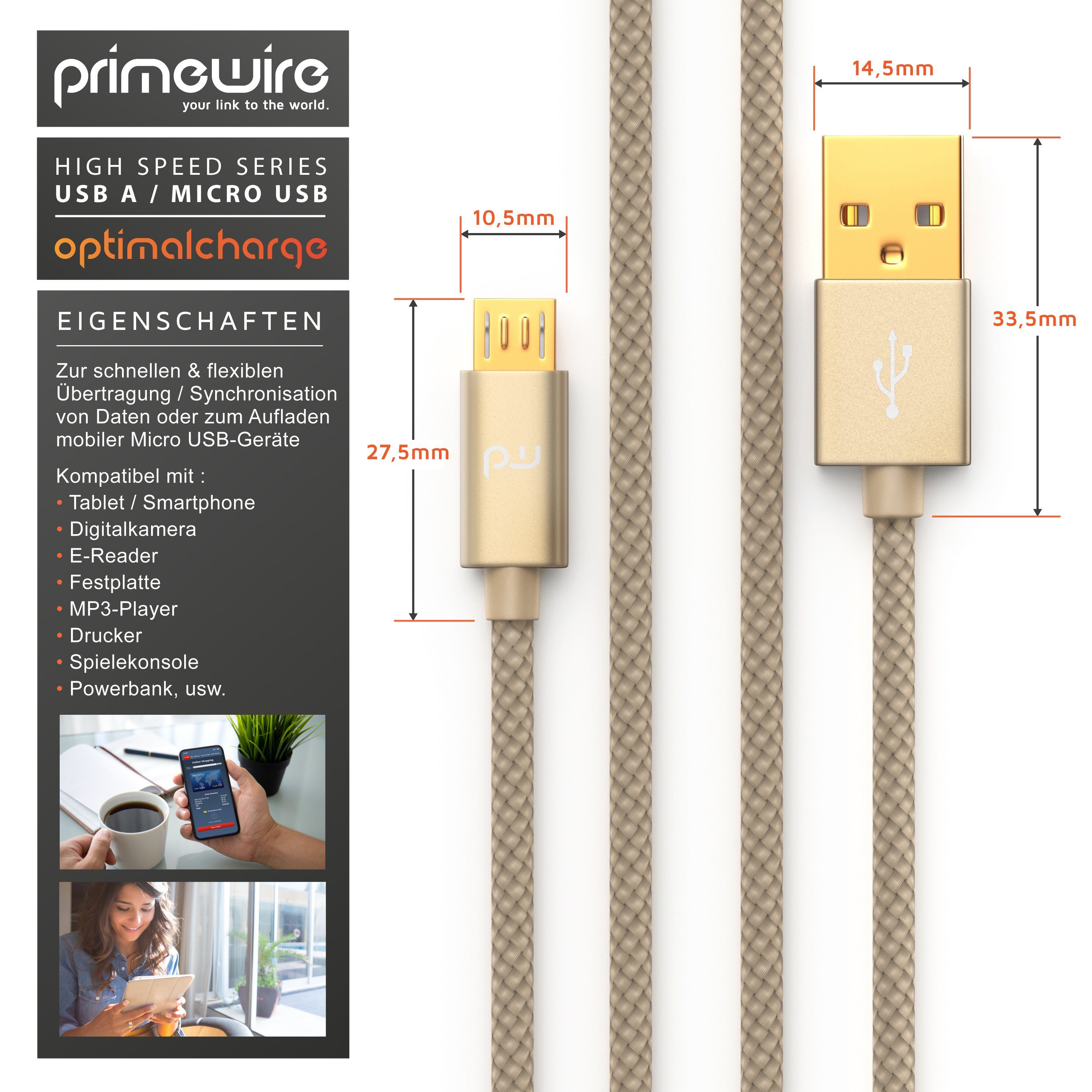 Primewire USB-Kabel, 2.0, Micro-USB (200 cm), 2,4A MicroUSB Schnellladekabel, Nylon, Metallstecker, Datenkabel - 2m