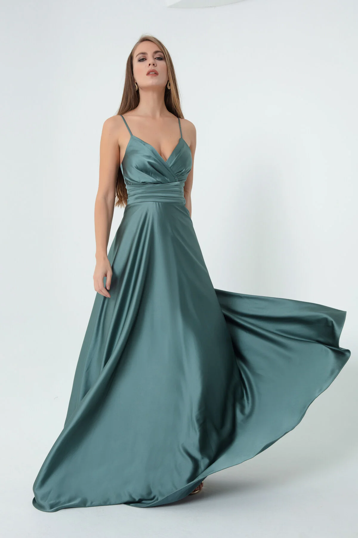Lafaba  Türkises langes Abendkleid aus Satin mit Seilträgern und Taillengürtel für Damen & Abschlussballkleid