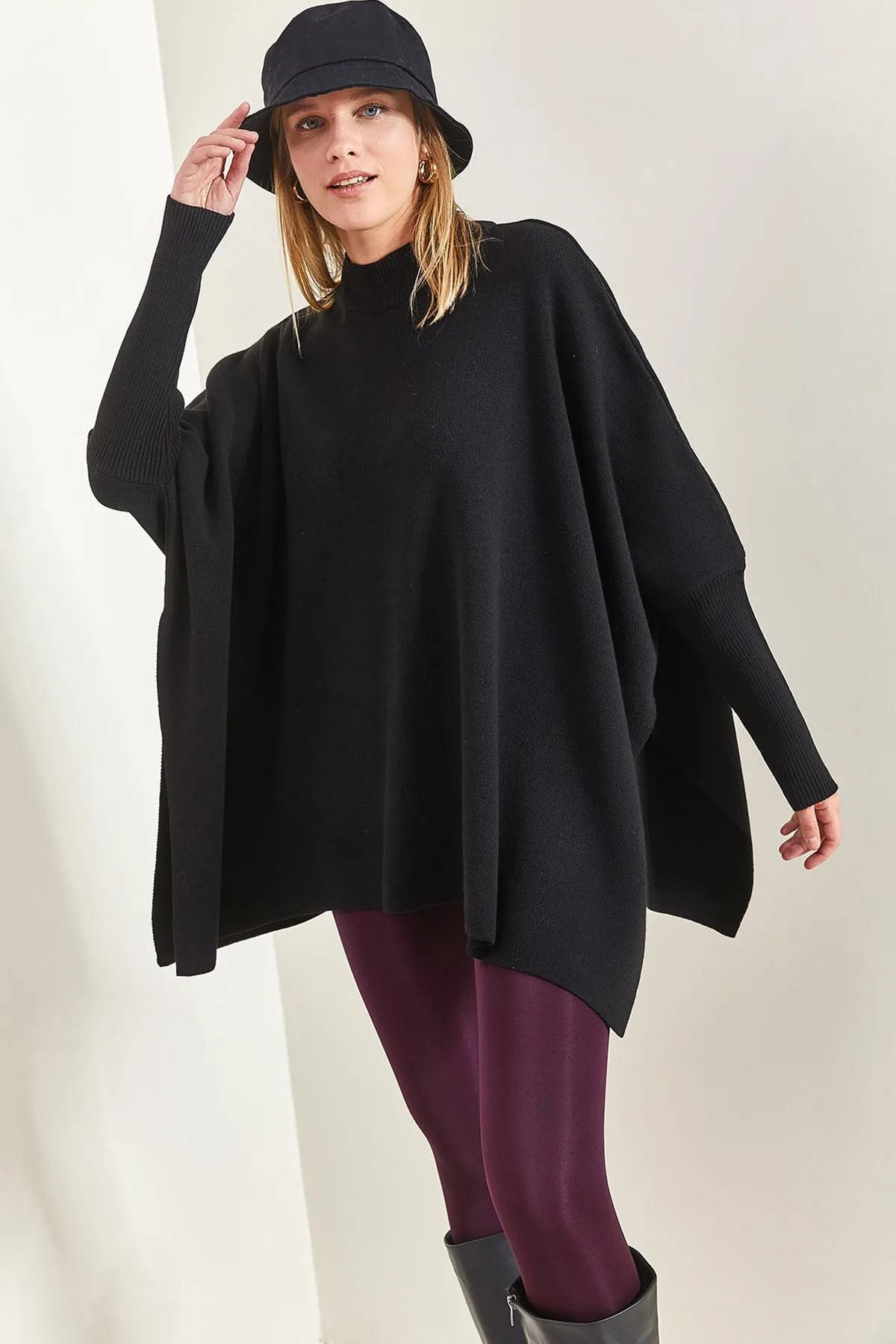 Bianco Lucci  Basic-Oversize-Poncho für Damen mit elastischen Ärmeln