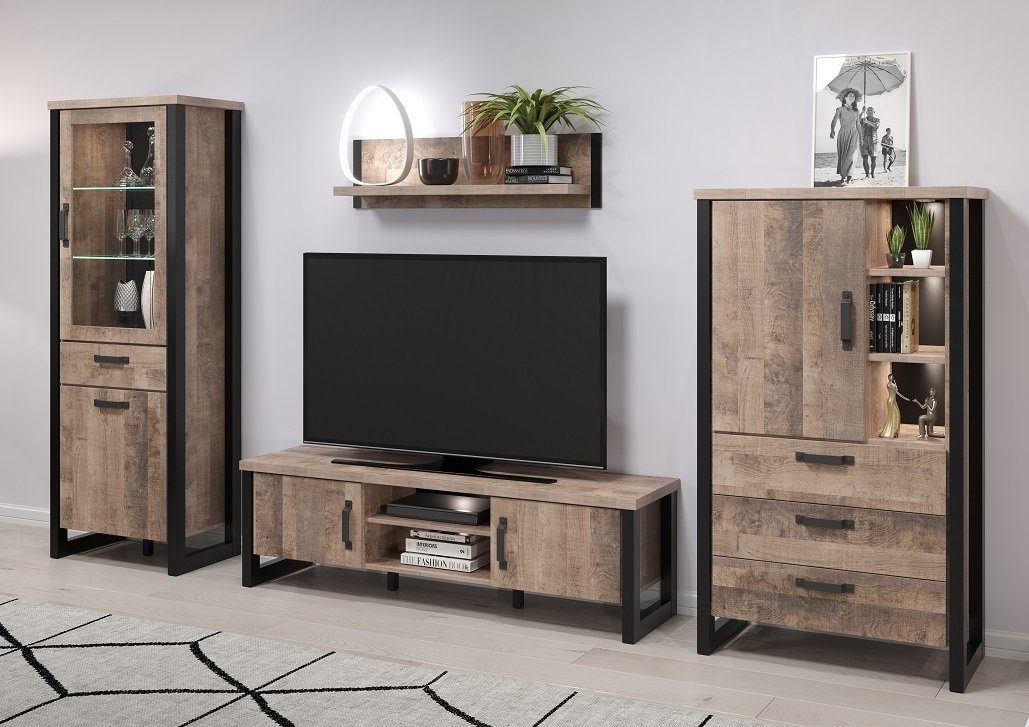 trendteam Wohnwand Wohnwand Anbauwand Emile, Eiche Tabak / Schwarz, 4-teilig, (4-St)