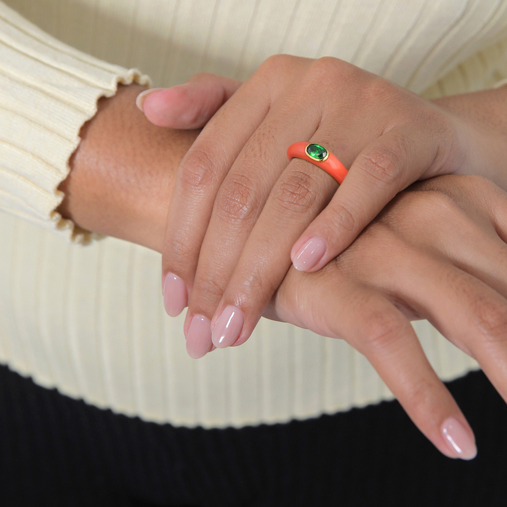 Elli Elli Bague Femmes Solitaire Ovale avec Émail Orange et Cristal de Zirconium Vert  Bague